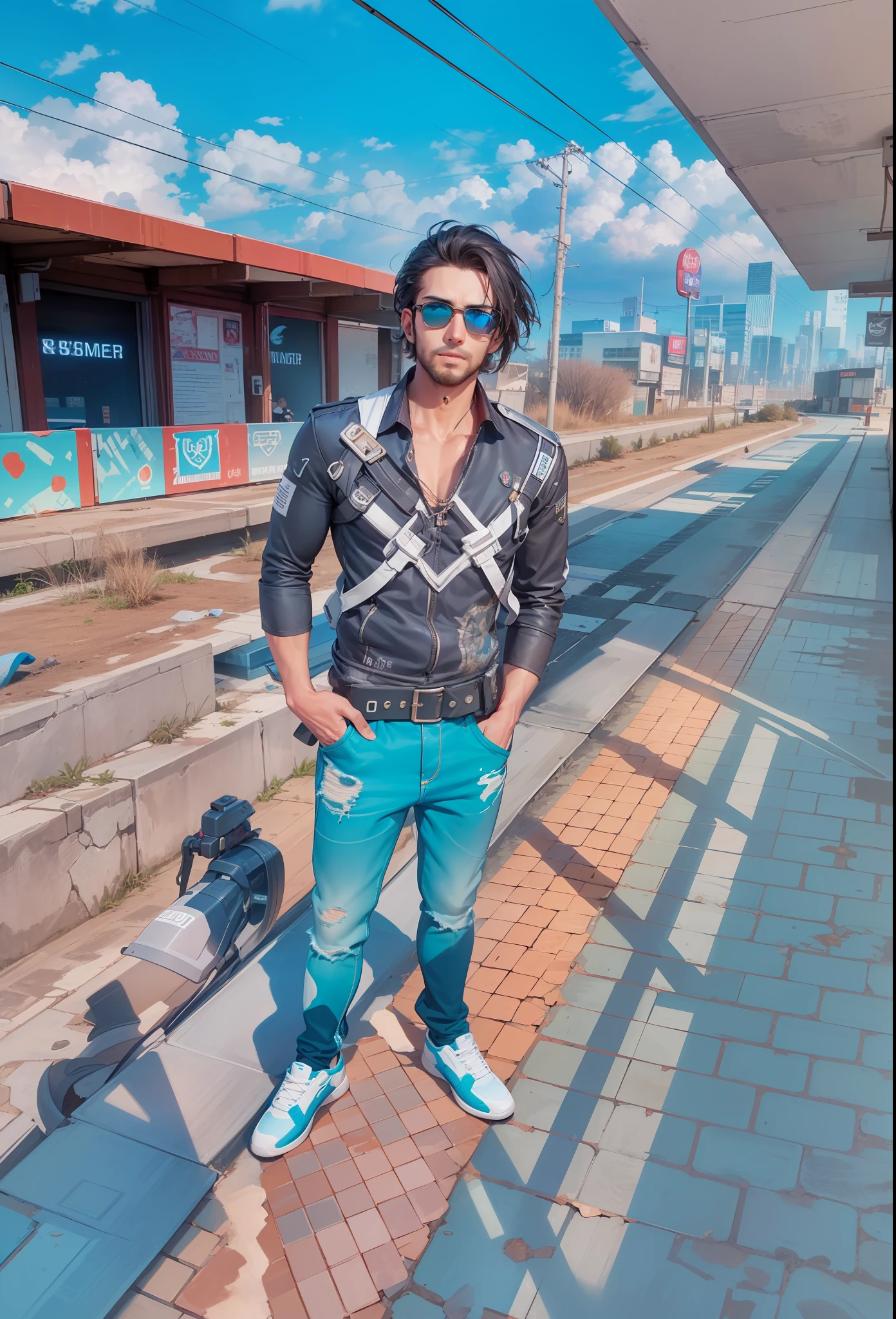 "Create a stunningly realistic cyberpunk scene with a handsome man, Emphasize his attractive and manly appearance. The image should be in 8k resolution."