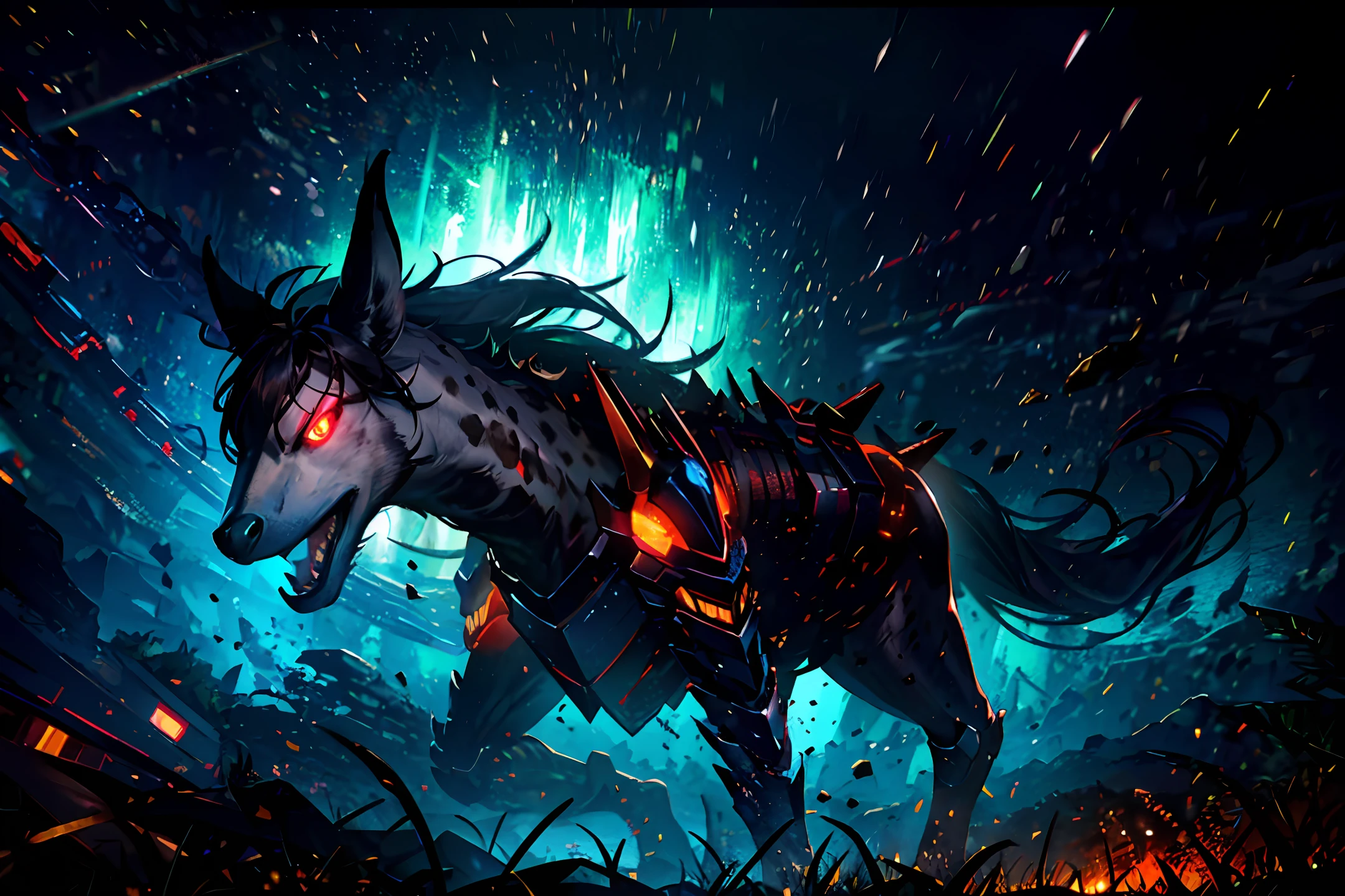 a Hyena Horse Hybrid with sharp claws and canine teeth, a large, muscular, detailed, leaner and more agile body, with a long, bushy tail, colored dark brown, amber orange, turquoise blue and dark gray, with glowing red eyes, with an exoskeleton, which doubles as a helmet, in a dark desert landscape, a concept art painting