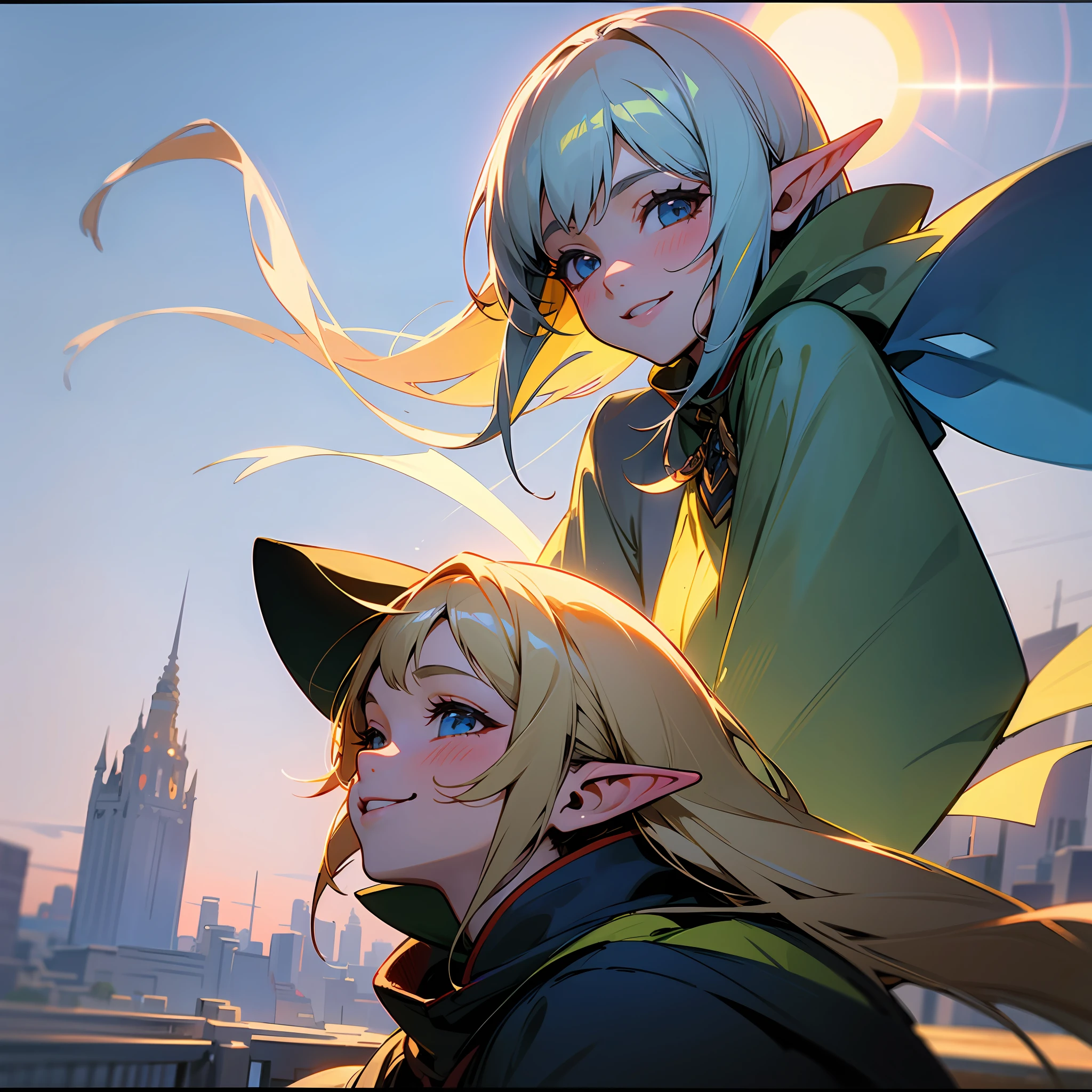 A girl,jk,Head up and smile,Elven City,2D fine,and the sun was shining brightly,tmasterpiece, --auto