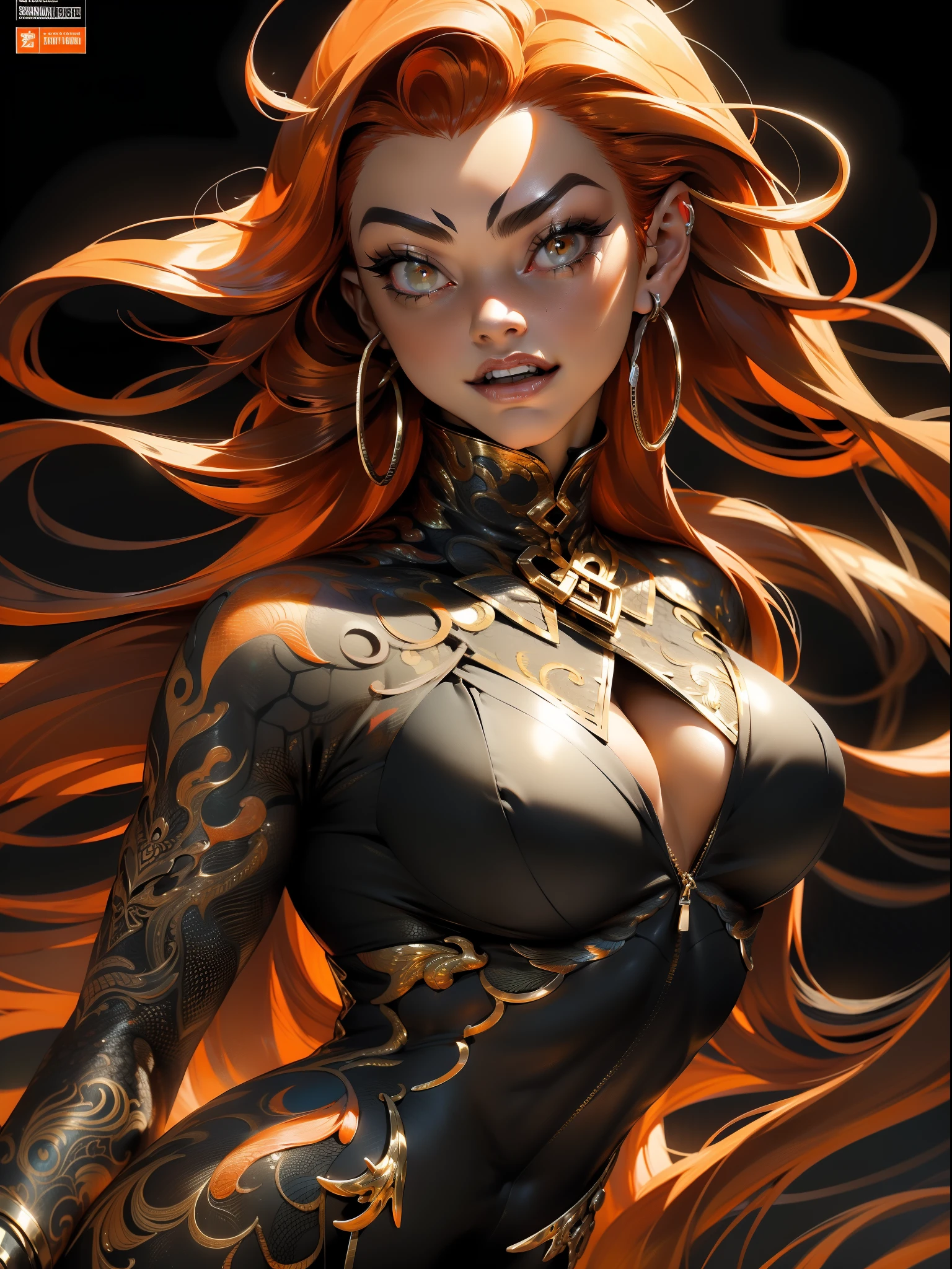 ((( melhor qualidade ))), ((( obra prima ))), ((( Absurdo ))), ((( corpo inteiro))), muscular woman and beautiful warrior Barbara with long metal claws, roupa preta e vermelha com metal, Conan or barbarian style, estilo Simon Bisley para uma capa da revista Heavy Metal, (( Tiny dental floss made of metallic scales )), (((pele))), (( large breasts semi covered by metallic scales)), decote generoso, metal claws, colar de ossos e dentes, brinco de ossos, fantastical setting, ((( corpo inteiro ))), ((( Flowing orange hair with black locks ))), (((corpo inteiro))), tattoos covering the arms