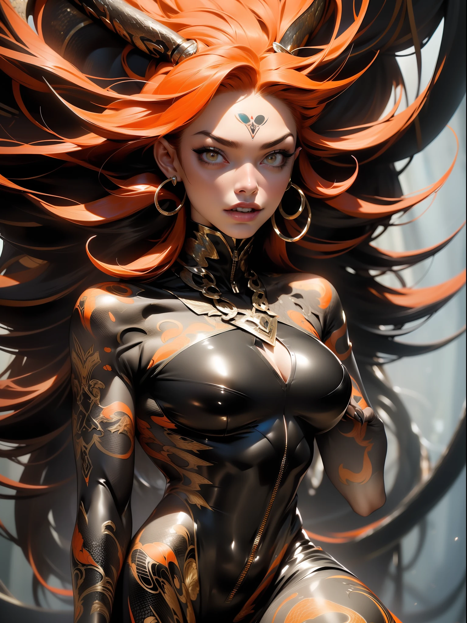 ((( melhor qualidade ))), ((( obra prima ))), ((( Absurdo ))), ((( corpo inteiro))), muscular woman and beautiful warrior Barbara with long metal claws, roupa preta e vermelha com metal, Conan or barbarian style, estilo Simon Bisley para uma capa da revista Heavy Metal, (( Tiny dental floss made of metallic scales )), (((pele))), (( large breasts semi covered by metallic scales)), decote generoso, metal claws, colar de ossos e dentes, brinco de ossos, fantastical setting, ((( corpo inteiro ))), ((( Flowing orange hair with black locks ))), (((corpo inteiro))), tattoos covering the arms