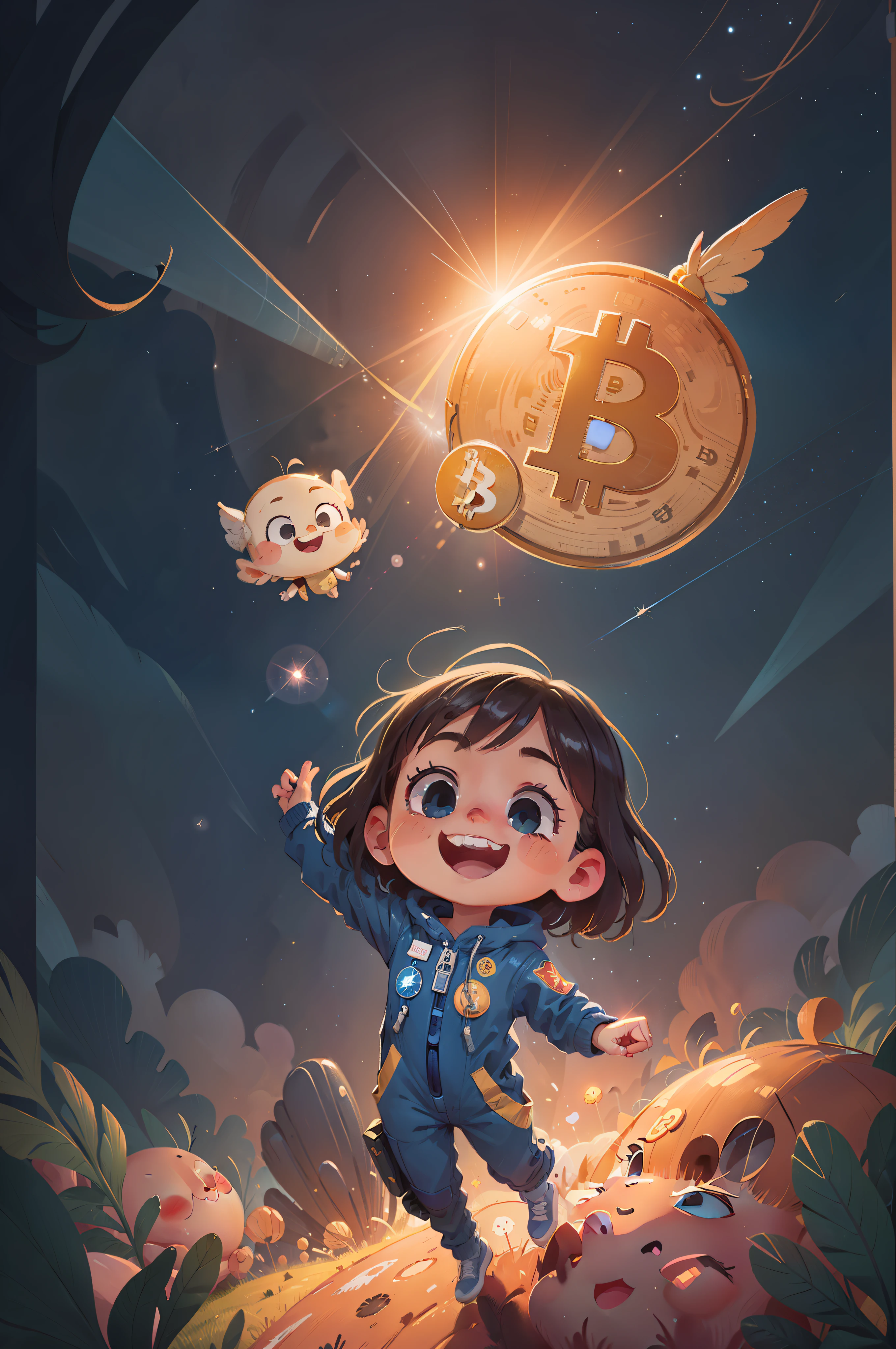 A happy 5-year-old floating in space and bitcoin airdroping, surrounded by bright bitcoins. She is wearing a blue jumpsuit and has wide eyes with admiration. Bright bitcois, flying through space, Halo of light, long shot, (detailed face), (8k illustration), (detailed), (outer space), (bright stars)