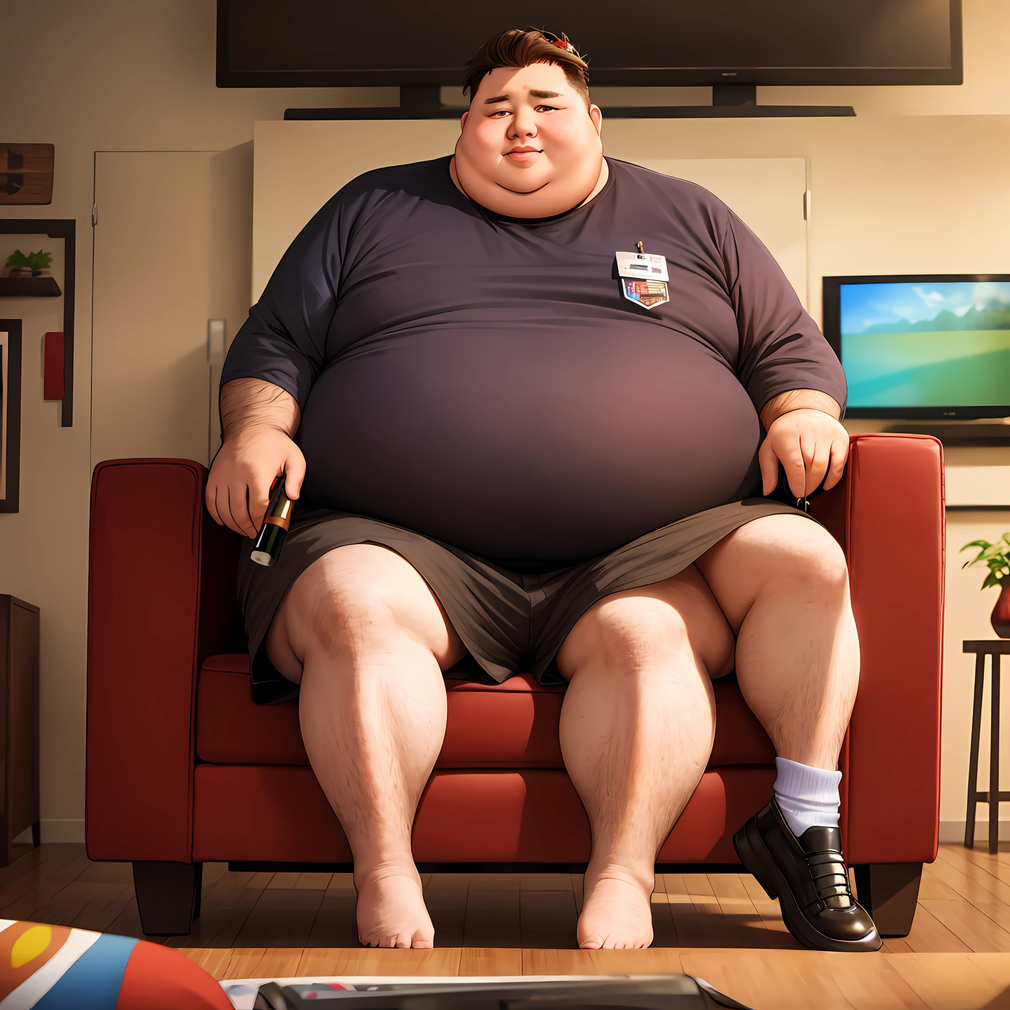 Obese man sitting in front of TV wears a hairpiece and has food in an attachment on his legs. The armchair is stained with red wine and near it an old man. A ninguno se le ve la cara y todo es estilo foto y muy realista