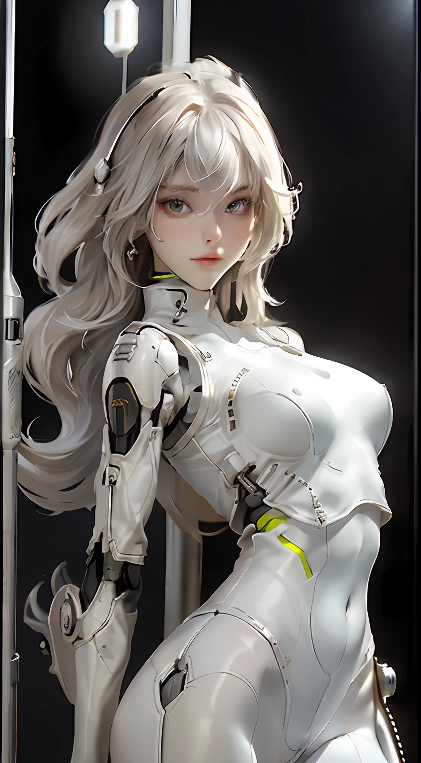 outside a lab, Extremely cute human girl face, human torso, human huge boobs, human abdomen, human hips, robotic arms, mechanical legs, arms and legs with hard white shiny shell and black joints, very beautiful and feminine, short, petite, small, small, busty buttocks, medium bust, cleavage display, flat belly display, partial helmet with antenna on the ear, black robot joints, very stylish, award-winning product design, black rubber tights, The shiny white metal breastplate opens at the cleavage and abdomen, the white metal buttocks are wrinkled, and the armor has stylish, glowing trims