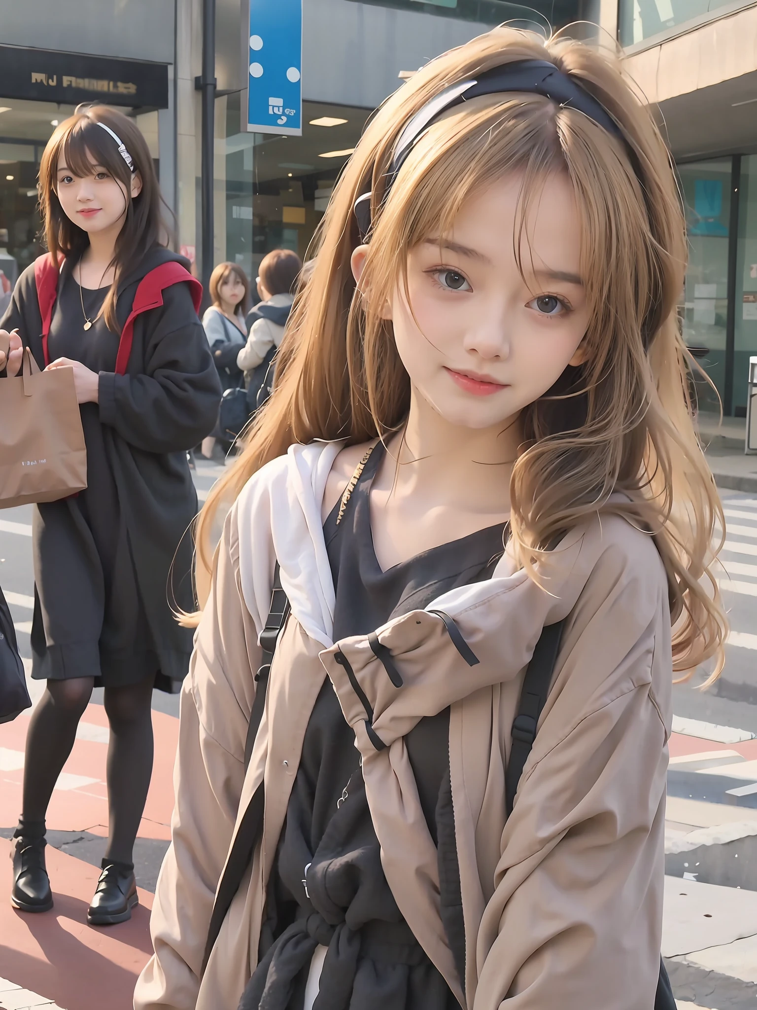 Realistic girl with long hair and headband standing on sidewalk, Attractive realistic girl, Beautifully realistic girl, Anime style. 16K, Beautiful girl, Beautiful realistic portrait, Realistic young pure girl, Young realistic girl, Cute anime girl, Blonde girl with long hair, Realistic style 4 K, realistic anime artstyle, Cute girl