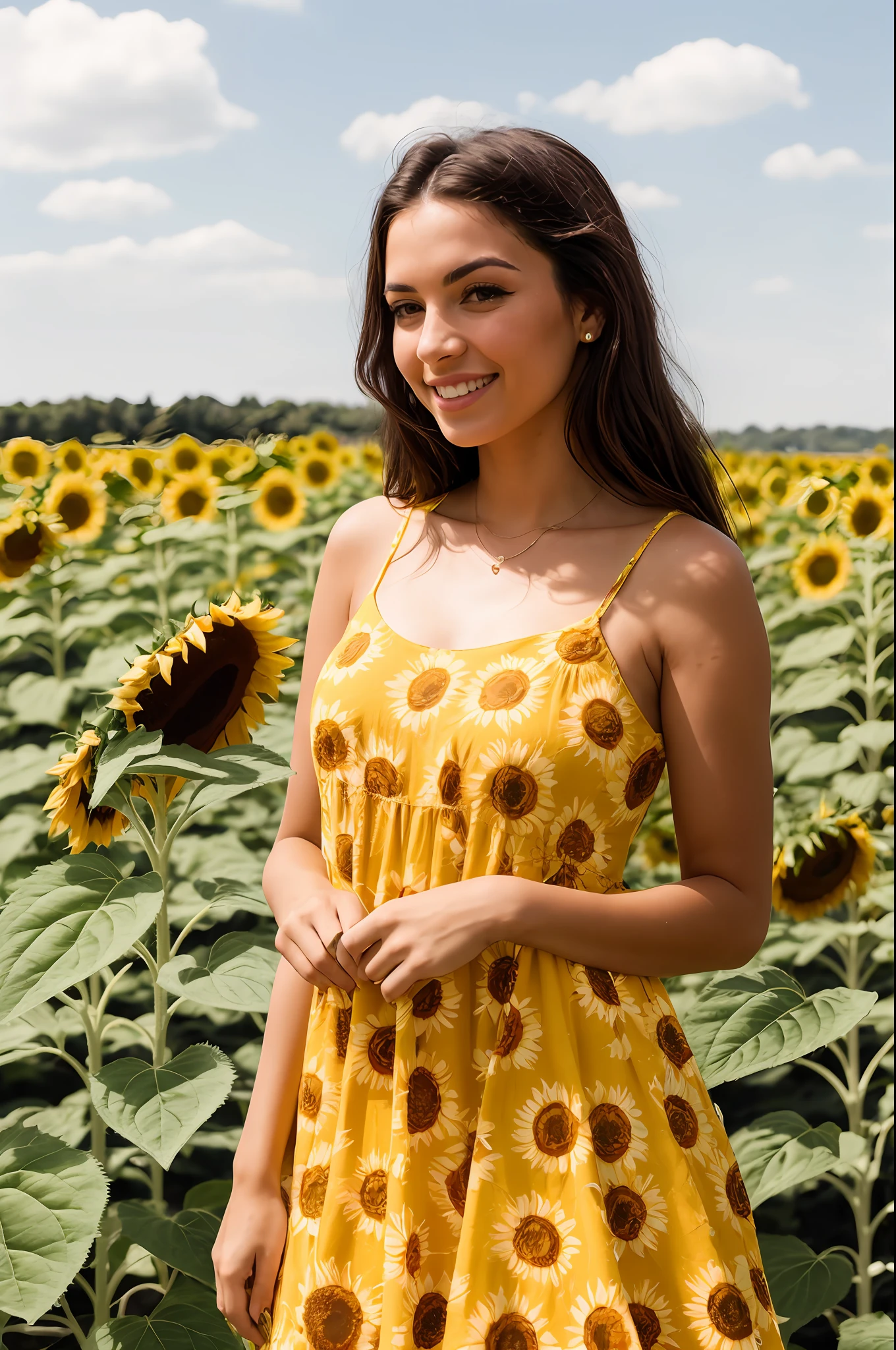 raw photo of a young woman, perfect face, perfect day, [happy to see you], surprised you are here so early, in a sunflower field, under a sunflower's shade, in a cute yellow sundress, center frame, (upper body), sharp focus, 8k uhd