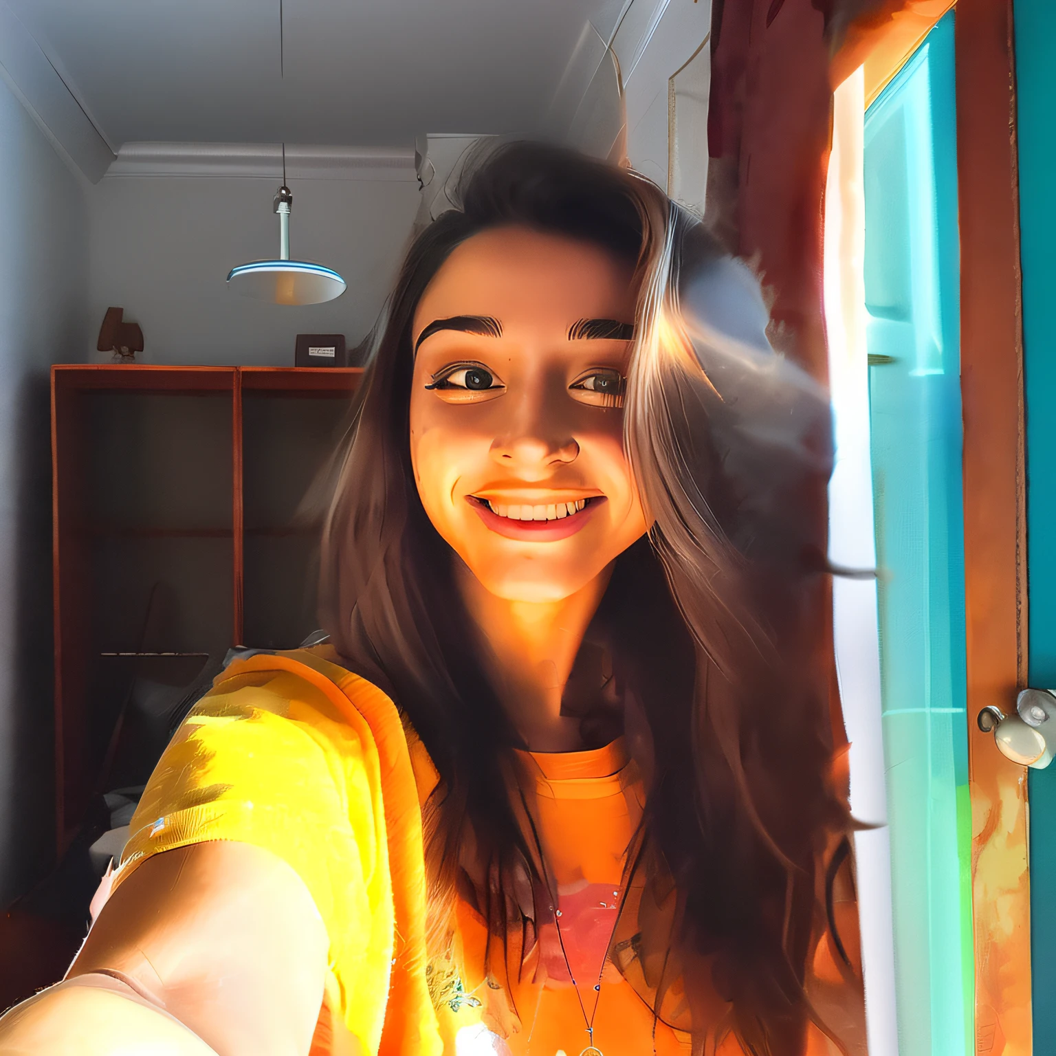 mulher simples tirando selfie em seu quarto (summerselfie:1)