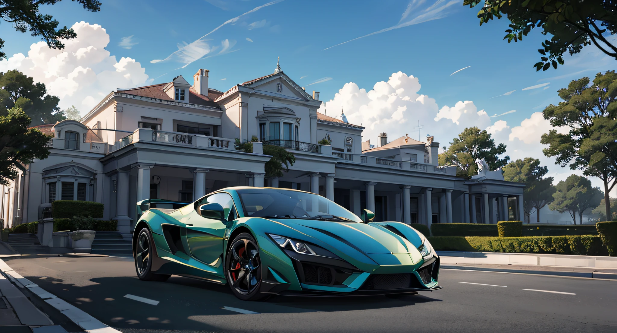Modern mansion façade with super car in front, carro de cor verde, vista frontal, vista distante, paisagem, background with blue sky, background with trees, highes definition, foto premiada, hdr --auto