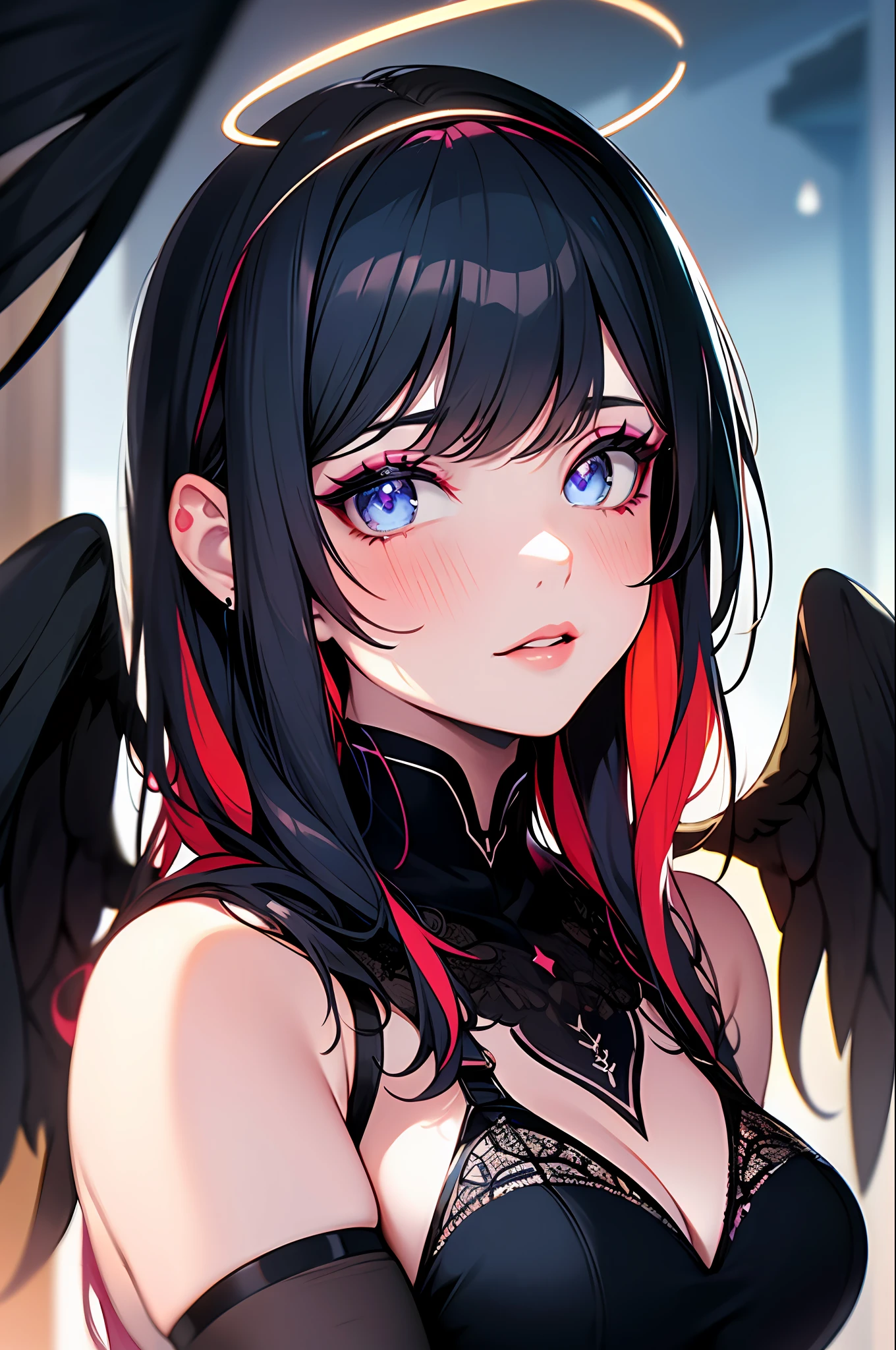 (Masterpiece:1.2), best quality, (illustration:1.2), (ultra-detailed),Eye focus,(Masterfully crafted Glow, pink lens flare), (Cinematic background), hyper details, (delicate detailed), (intricate details),in the air, octane render, hdr, (hyperdetailed:1.15), (soft light:1.2), 1girl, beautiful girl, ultra detailed eyes, mature, plump, thick, rainbow painting drops, paint teardrops, woman made up from paint, entirely paint, splat, splash, outdoors, (bioluminescent hair:1.1),(glowing eyes), ((makeup)),(Cinematic masterpiece), fierce, powerful, splashes of colour absolutely eye-catching, (Cinematic headlight), light coming from above, growing shadows, ((caustic)), dynamic angle, beautiful detailed glow, ambient occlusion, ambient light, raytraced reflections,(best illumination, an extremely delicate and beautiful), ((cinematic light)), (soft:2), (Nephilim:1.2), (halo), demon horns,(1 angel wing),1 demon wing, wings on back, half demon, demon ears, black wings, raven wings, (falling raven feathers), black hair, grey eyes, (red hair glow), (radiant aura),
