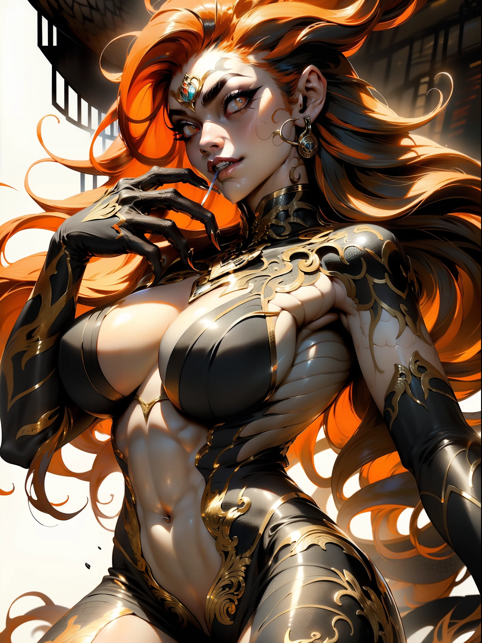 ((( melhor qualidade ))), ((( obra prima ))), ((( Absurdo ))), ((( corpo inteiro))), muscular woman and beautiful warrior Barbara with long metal claws, roupa preta e vermelha com metal, Conan or barbarian style, estilo Simon Bisley para uma capa da revista Heavy Metal, (( Tiny dental floss made of metallic scales )), (((pele))), (( large breasts semi covered by metallic scales)), decote generoso, metal claws, colar de ossos e dentes, brinco de ossos, fantastical setting, ((( corpo inteiro ))), ((( Flowing orange hair with black locks ))), (((corpo inteiro))), tattoos covering the arms