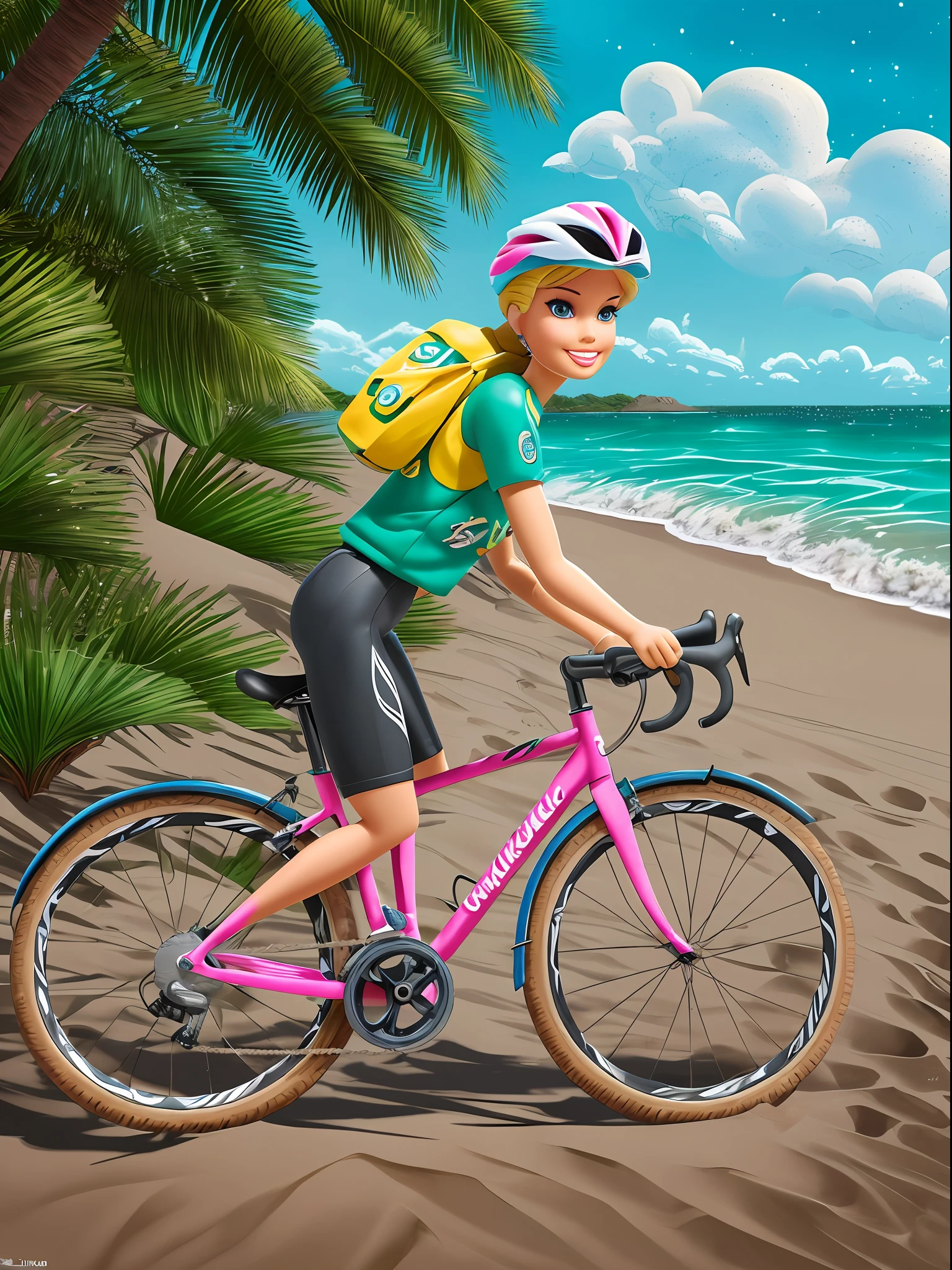 boneca barbie, vestida de verde pastel andando de bicicleta em uma ponte com uma cesta, tem uma lagoa ao fundo com montanhas no horizonte distante, bucolic image ( ( Montanha Mads ) ), em estilo: Disney Pixar 3D, Montanha Mads (Inspirado em Mads Berg), Wayne Inglaterra (digital painting and stylized digital illustration), Milton Menasco (digital illustation). personagem: Ciclista Barbie. scenecy: Praia tropical com palmeiras e areia branca. Action: Barbie pedalando em uma bicicleta ao longo da praia. atmosfera: brilhante, magical and dazzling. detalhes: Barbie should be portrayed without imperfections, with realistic facial expressions. Desired resolution: 1920x1080 pixels ou superior --auto --s2