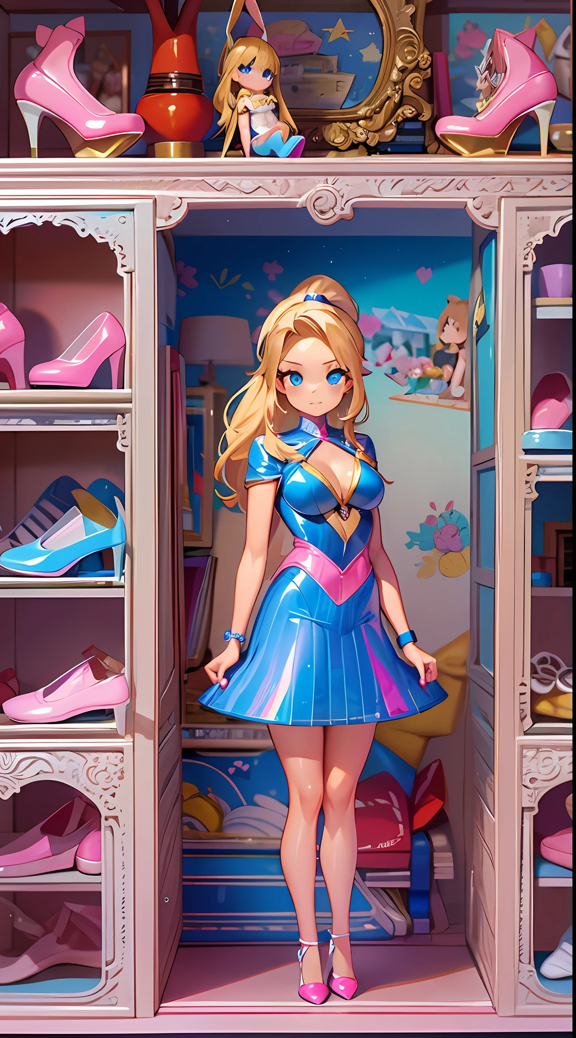 ((Masterpiece)), best quality, absurderes, ultra detailed, holographic, cowboy shot, dynamic pose, golden ratio, super cute girl, mature girl, Barbie girl, super beautiful girl with very beautiful blue eyes, beautiful glowing blonde hair, high ponytail, nice and sexy body, slim body, perfect body, wearing a super tight and pink leotard and super beautiful pink footwear, being photographed in a doll house