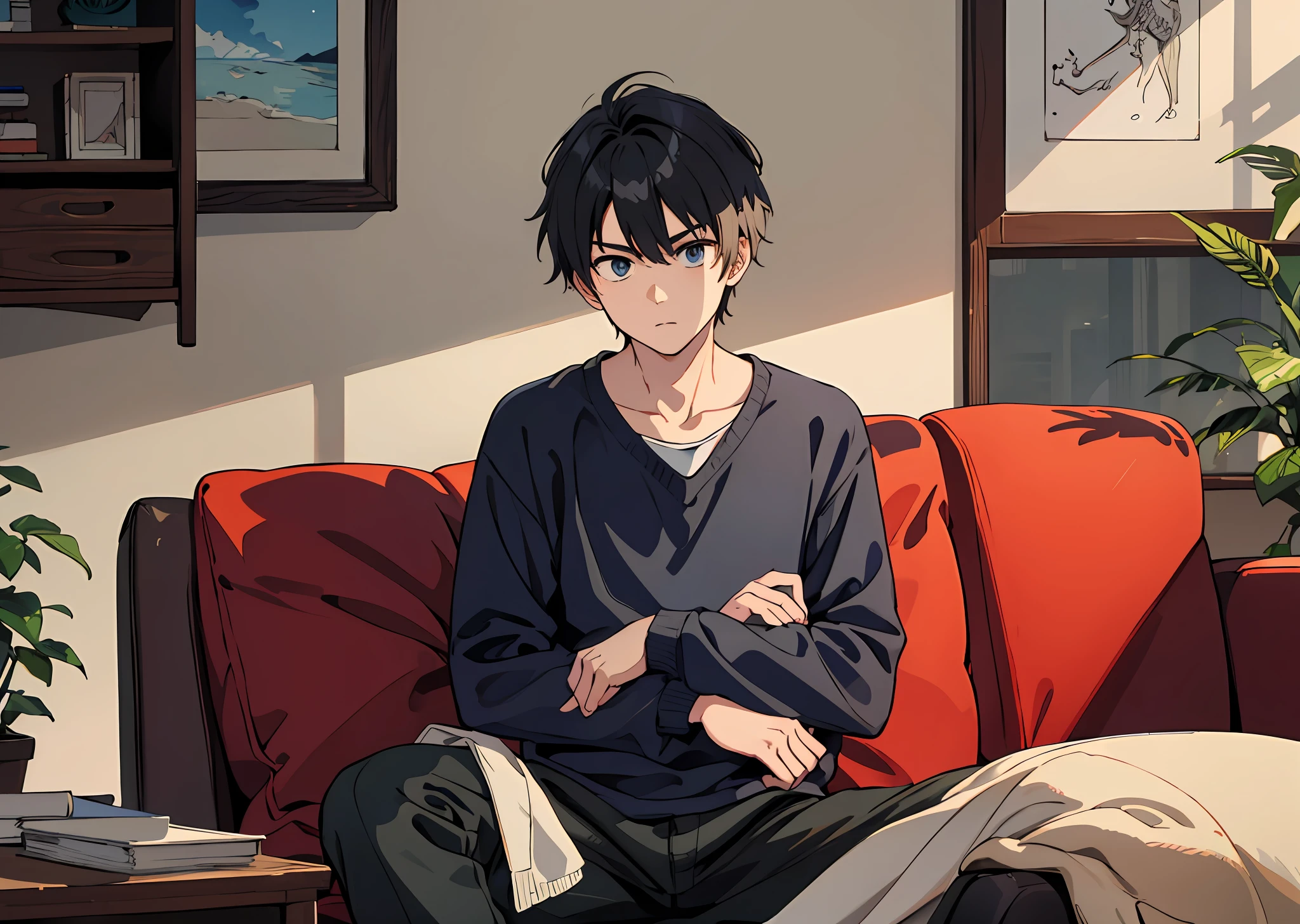 1boy,Sitting, Serious expression,,sitting on the couch,,In the room