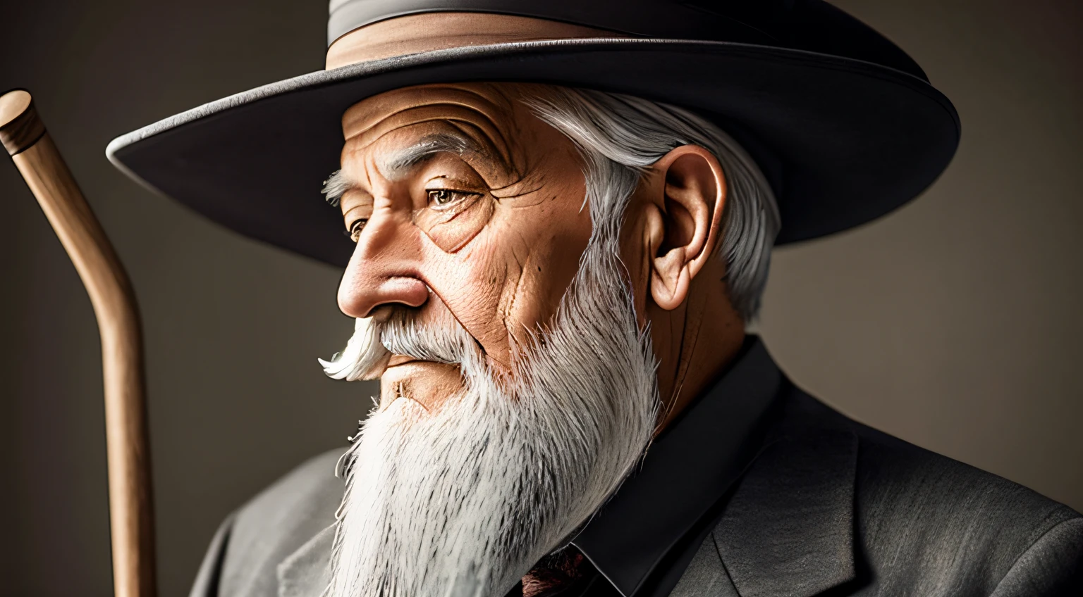 Old man with beard and hat and cane, realista, dark backdrop --auto