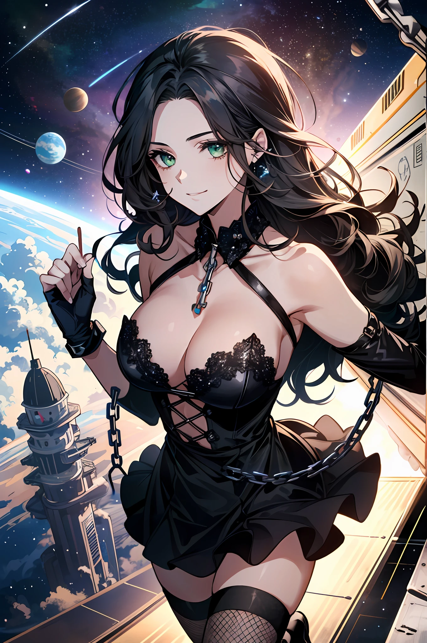 ((((A young woman))), the anime, Green eyes, (black hair), Nice face, ssmile, the perfect body, Wavy Hair, hairlong, (((morena))), big breastes, ((tmasterpiece, beste-Qualit)), illustartion, ультра детализированная 8k, Photorealistic, sharp-focus, higly detailed, Professional lighting, colorful details, Rainbow colors, Glowing, intricate detials, Vivid details, black leather dress, High-heeledshoes, décolleté, Straps, Short dress, chains on the hands, Hands tied with chains, outer space, Star, Planet, space ships,Be imprisoned, fishnet stockings