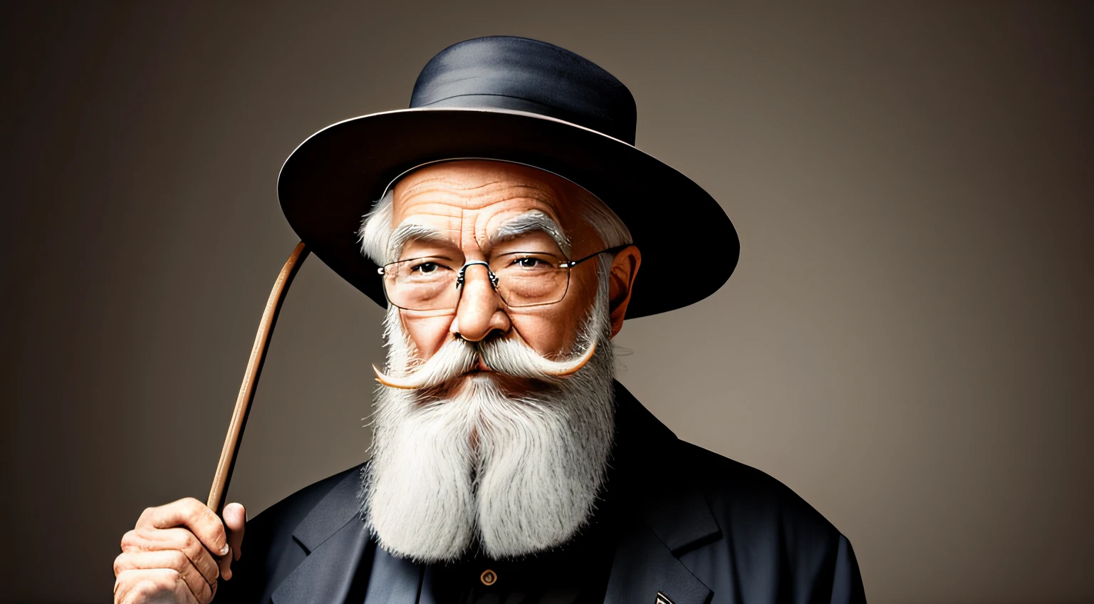 Old man with beard and hat and cane, realista, dark backdrop --auto