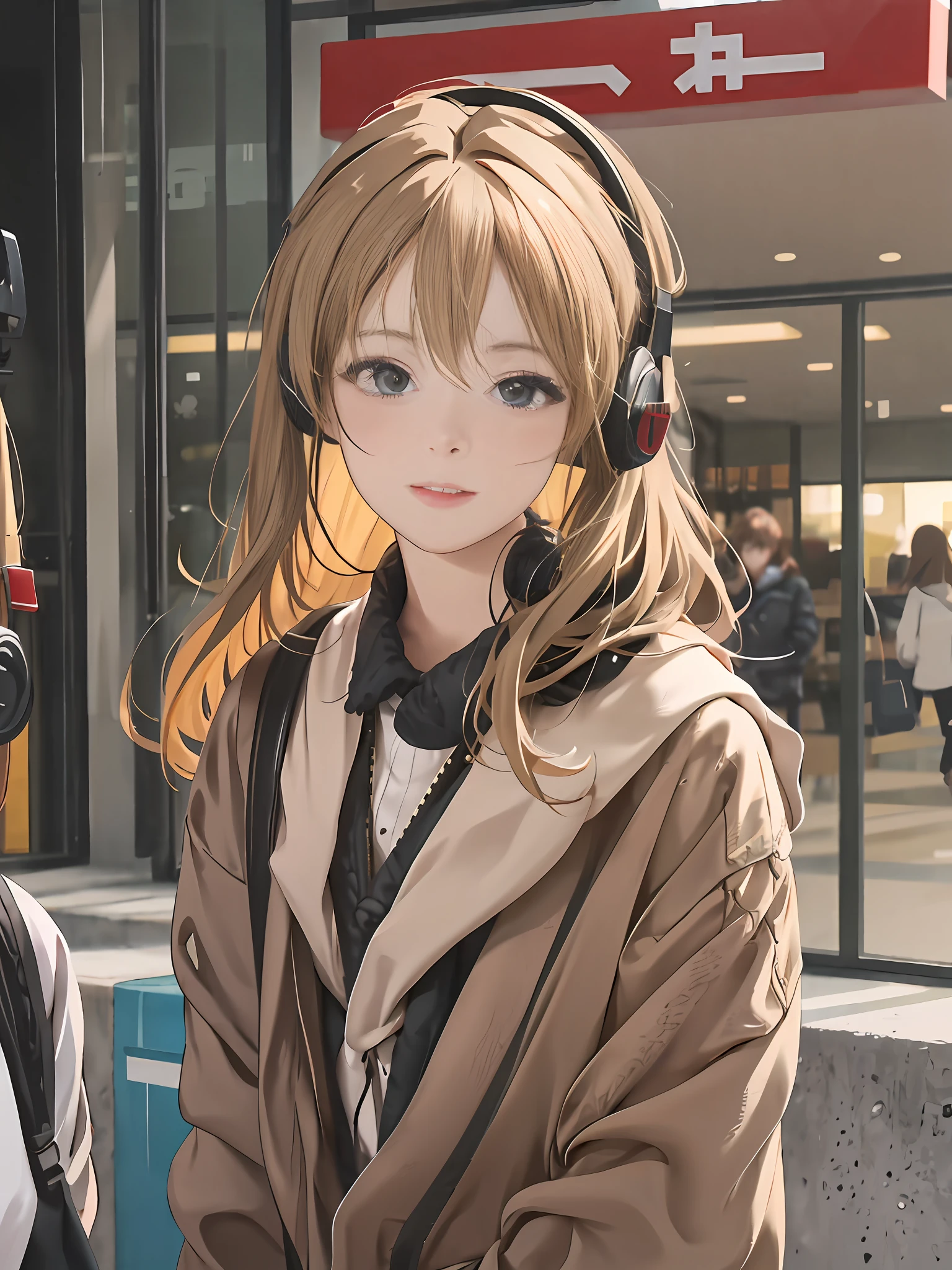 Realistic girl standing in front of building wearing headphones and jacket, Realistic style 4 K, Realistic style. K, Attractive realistic girl, Portrait of a realistic girl, Young realistic girl, anime vibes, Beautiful realistic portrait, Portrait of a realistic girl, Blonde girl with long hair, A realistic girl, lofi portrait, Detailed portrait of realistic girl, Realistic young realistic girl