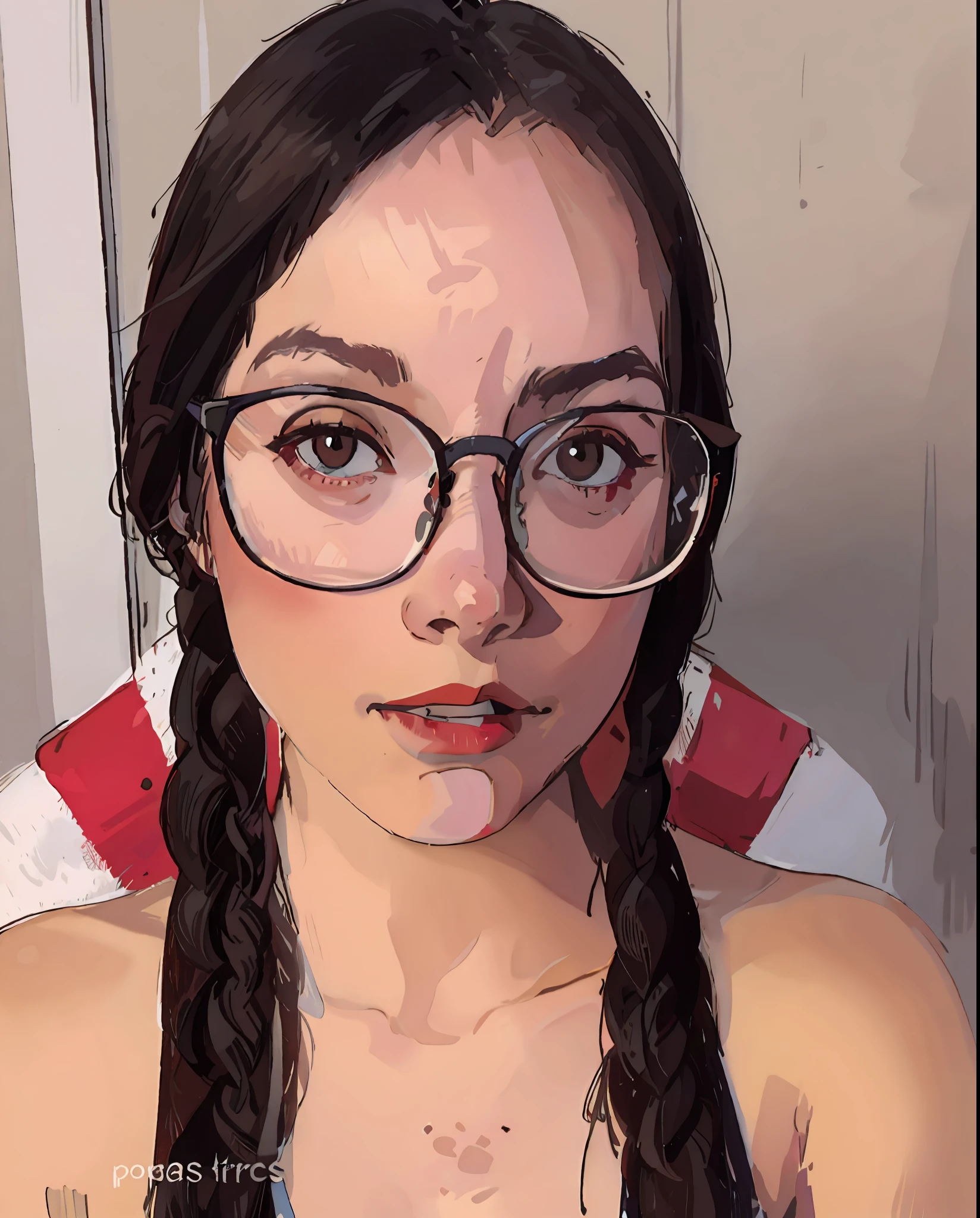 Woman with glasses and braided hair wearing a swimsuit, com rabo-de-porco preto, thick glasses, With eye Glasses, with glasses on, close-upheadshot impressionante, linda Delphine, grandes copos redondos, Nice Poarch, Violeta