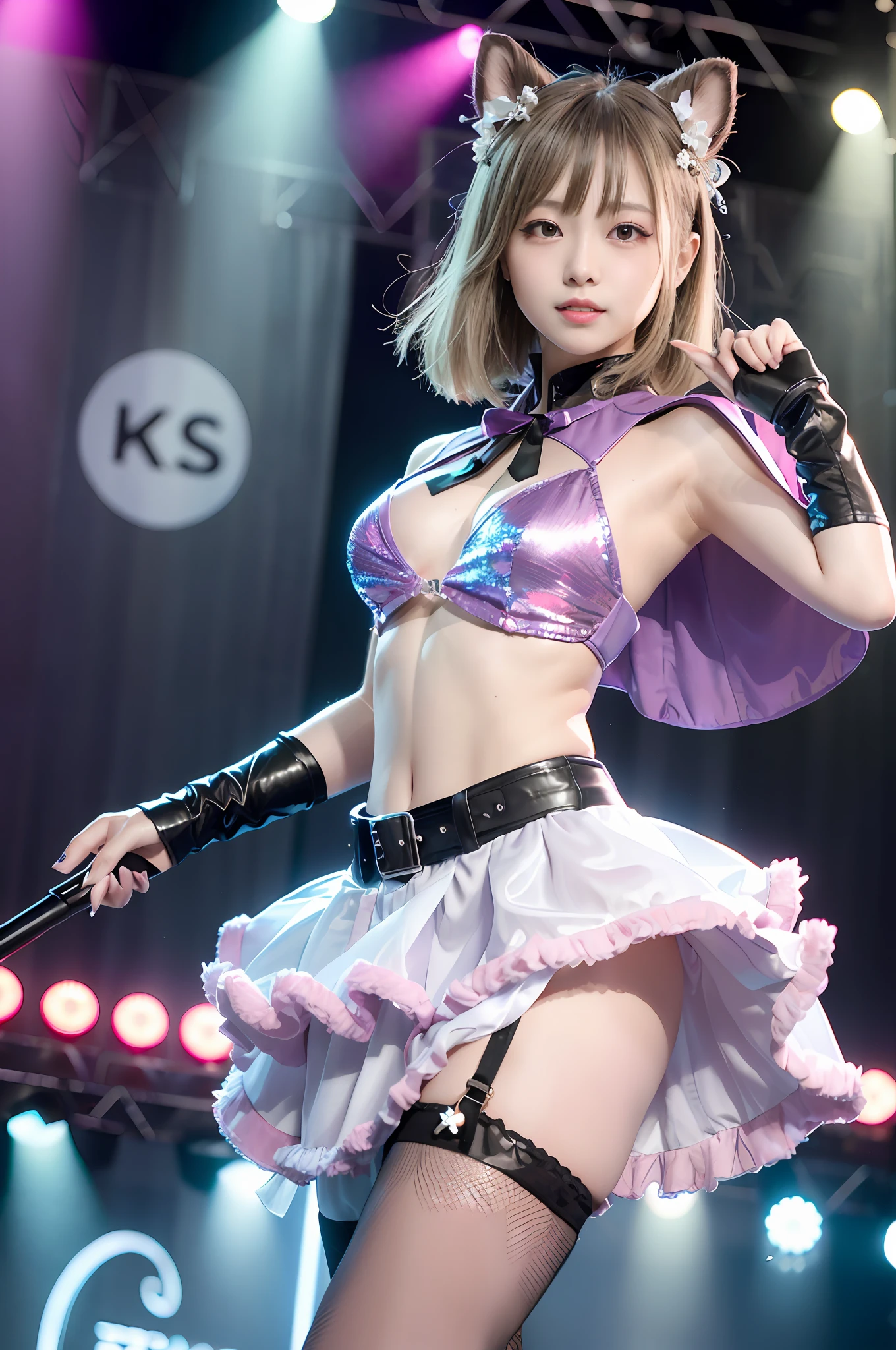 ypose、8K分辨率、A hyper-realistic、ultra-detailliert、hightquality、1 girl in、Gradient Hair、Inner Color Hair、((((bobhair)))、shorth hair、short-hair、straight haired、Light hair color、 (clothes shiny)、JAPANESE IDOL OUTFIT、Fluffy outfits、 realisitic, Photorealsitic, masterpiece, top-quality, 1girl in, 独奏, in stage, Stage lighting, Stage Spotlight, looking at the viewers, A smile, dynamicposes,Idol_Singing_The costume, (pureerosface_v1:0.8),