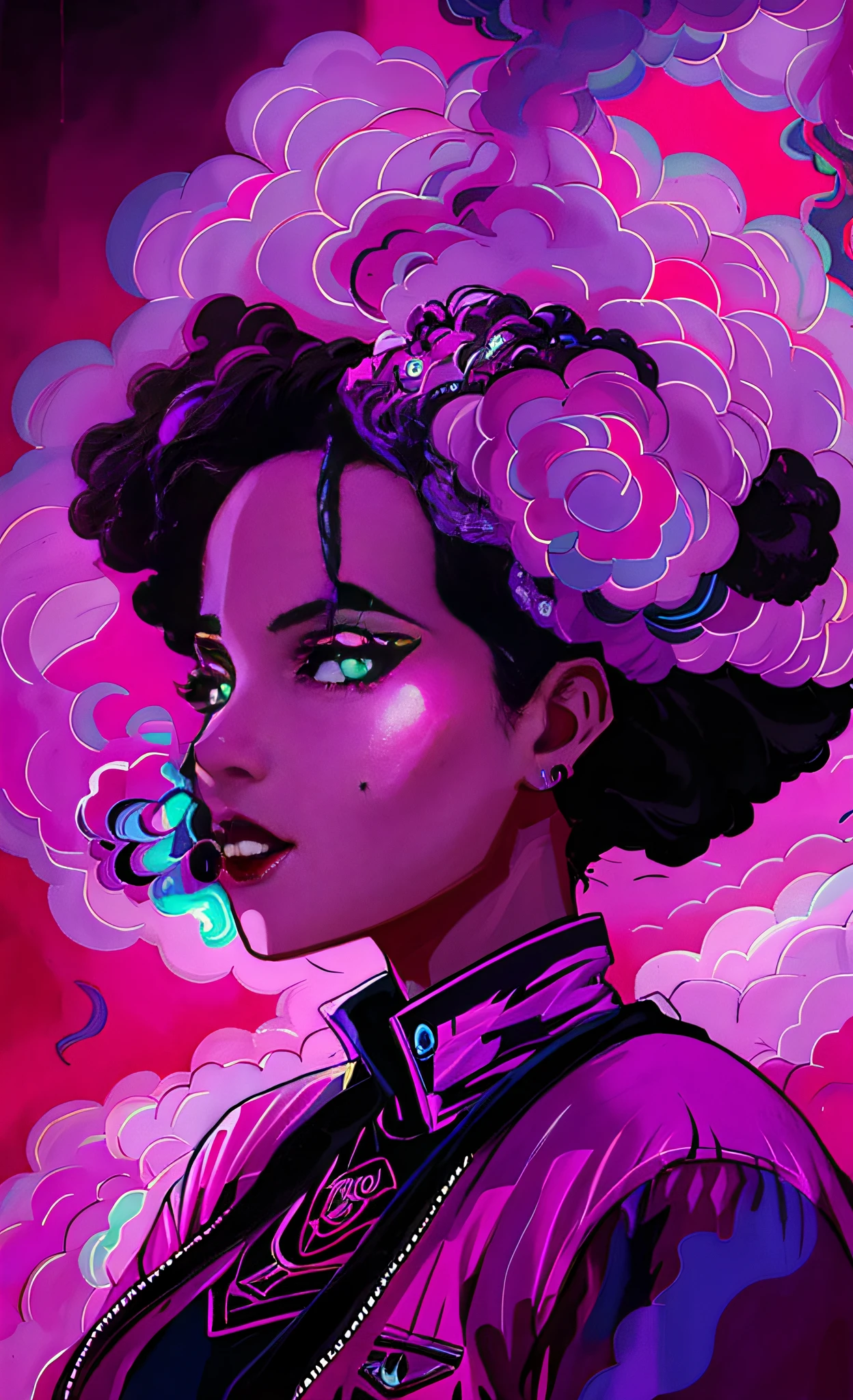 a black woman with a afro hair and a purple jacket, jen bartel, colorful illustration, afro futurism, afrofuturist, ultraviolet and neon colors, muted neon smoke, loish |, in style of digital illustration, colorfull illustration, afro - futurist style, neon smoke, colorful glow, afrofuturism anime, painting by android jones, afrofuturism