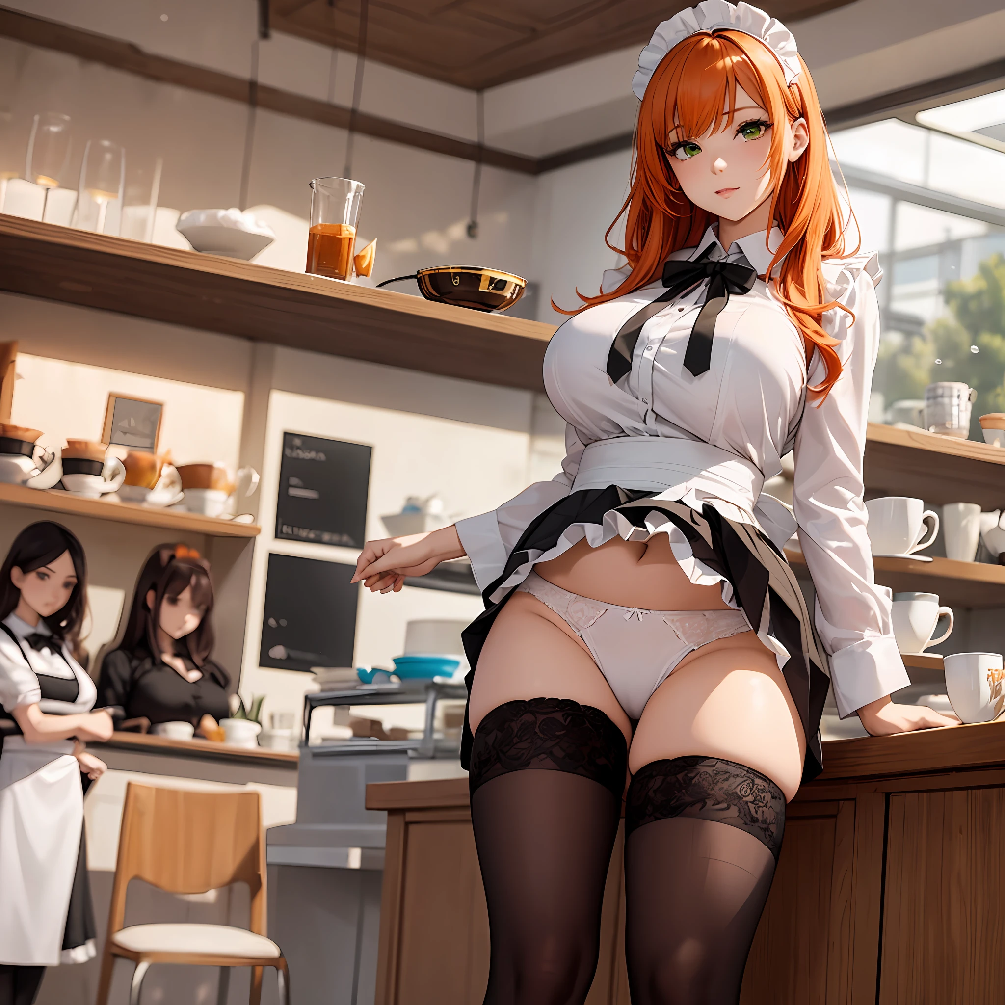 /draw ai_generated curvy_body curvy_female curvy_figure The average cup size female_only huge_breasts looking_at_viewer +maid solo_female solo_focus stable_diffusion waitress orange_hair green_eyes lifts the skirt showing black panties legs in white stockings