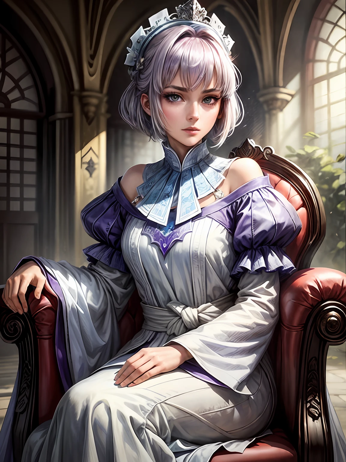 (​masterpiece、top-quality、top-quality、Official art、Beautifully Aesthetic:1.2)、a beauty girl、ue、white and blue clothes、doress、borgar、in a castle、Sitting on the Red Throne、silber hair、shorth hair、short hair that does not fall on the shoulders,、de pele branca、Purple eyes、illustratio