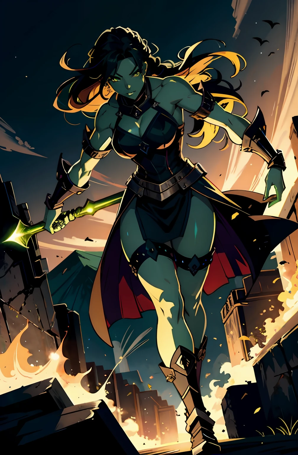 A fierce orc warrior, her emerald green skin gleaming under the harsh light of a burning battlefield, green skin, 8k, high resolution. Muscular, fit, Crimson eyes blazing with ferocity beneath her intricately braided ebony hair. The intricate iron and obsidian armor she wears reflect the flames consuming the land around her, a spear, engulfed in an eerie, green fire held aloft, symbolizing her unbroken spirit, black armor, armored dress, armored boots,