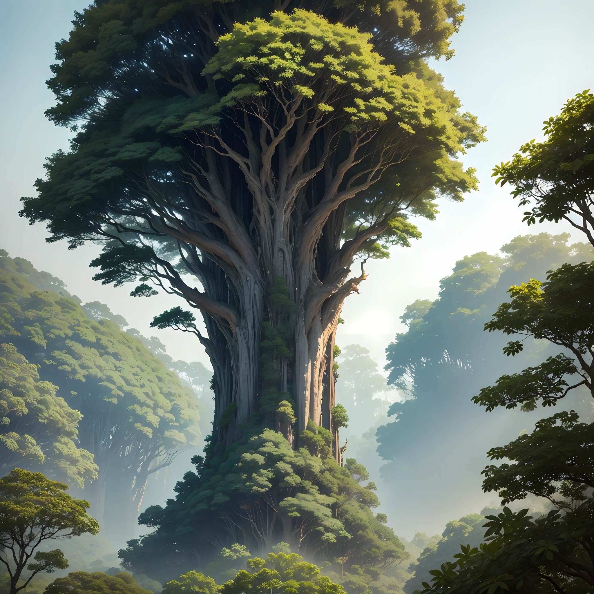 A towering tree stands majestically in the primeval jungle，It's unique，Majesty and solemnity。 --auto