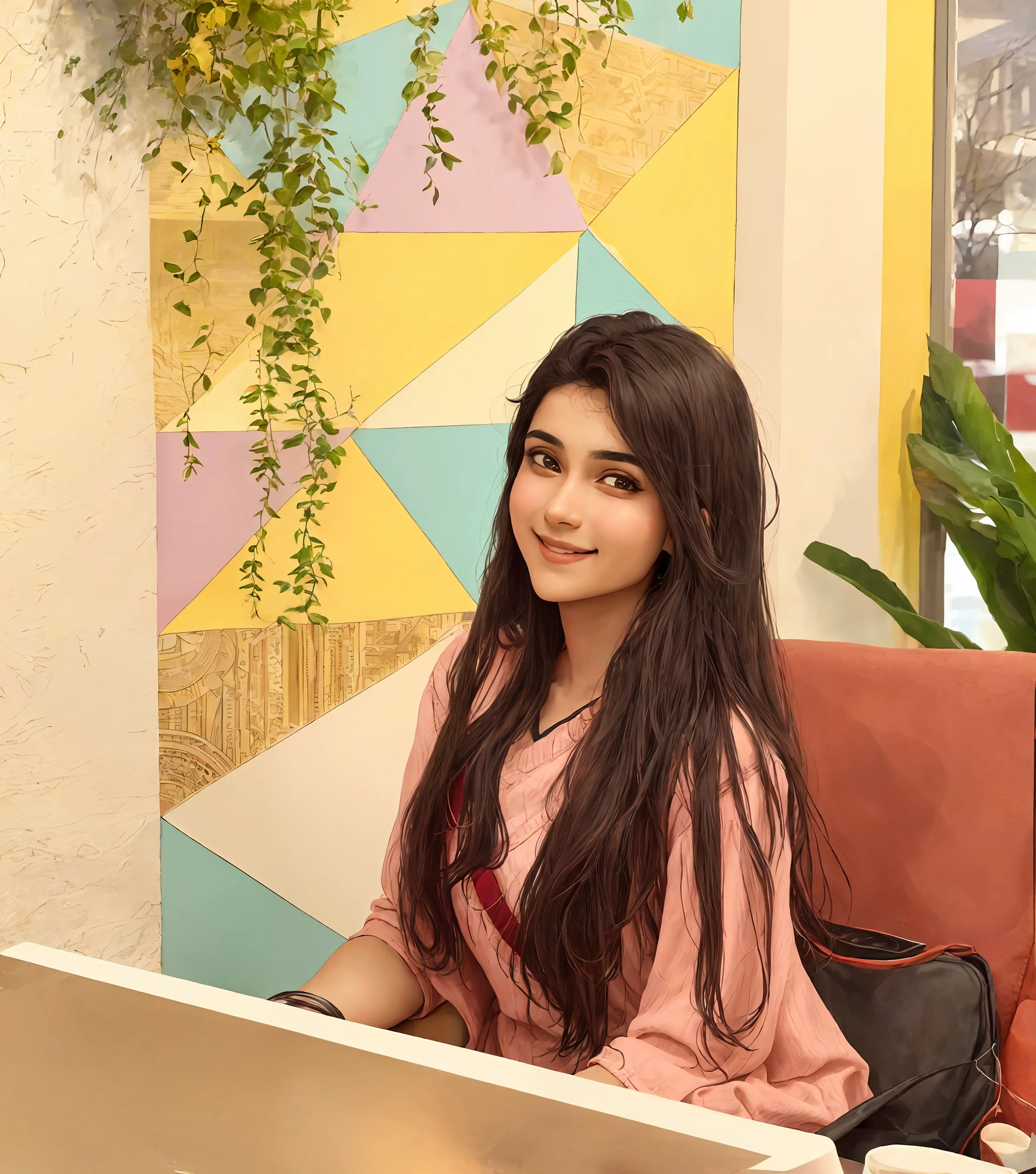 there is a woman sitting at a table with a laptop, candid picture, sitting in a cafe, with a beautifull smile, khyzyl saleem, kyza saleem, taken in the early 2020s, indian girl with brown skin, around 1 9 years old, profile pic, with long hair, beautiful image, with lovely look