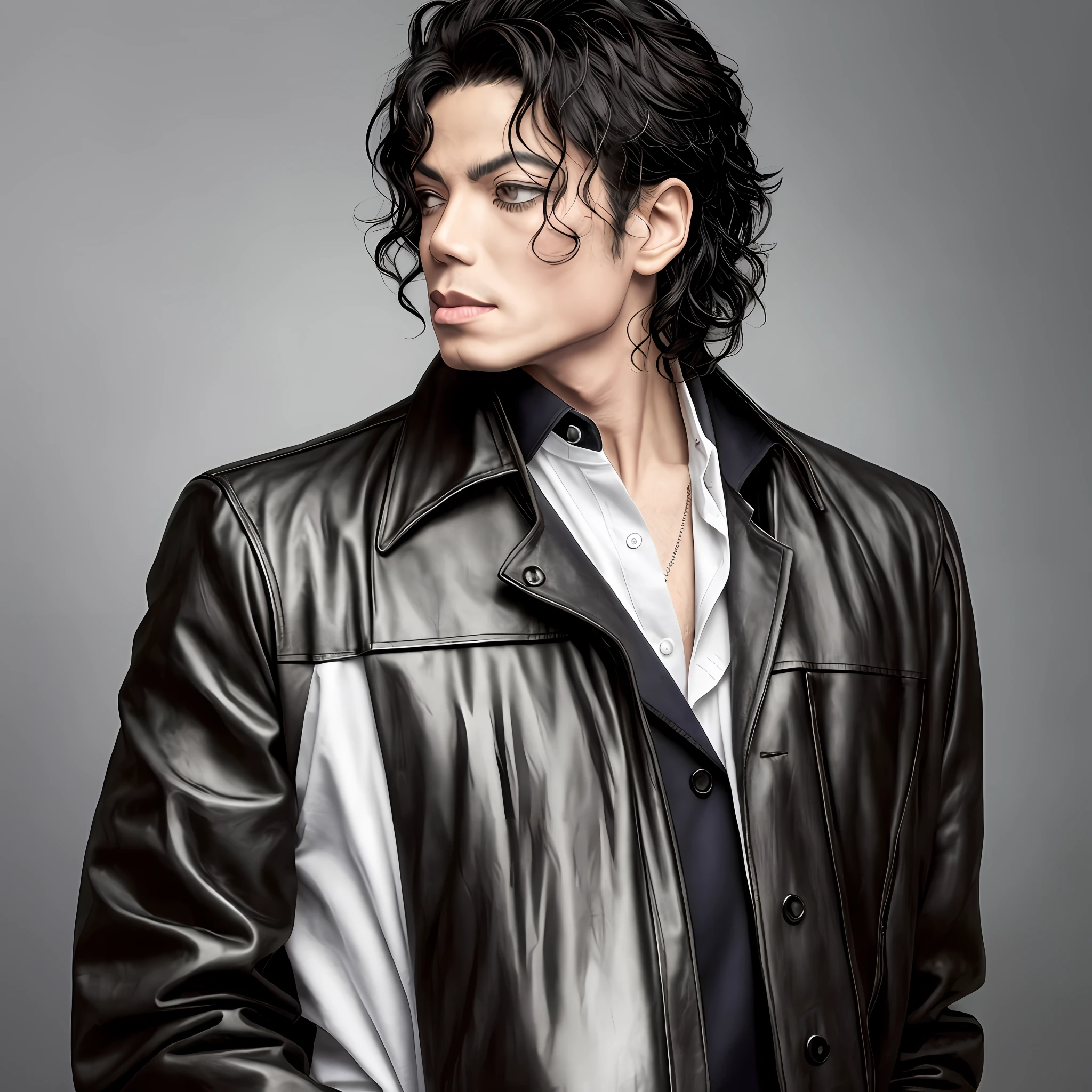 Portrait of a man in a leather jacket and tie, Michael Jackson, Michael_Jackson, Portrait of Michael Jackson, Beautiful Young Prince, By Tadashi Nakayama, Michael, With his long black hair., Portrait of Michael Jackson, profile shot, Head Office Scan, Araki, Moonwalker Photos, It's raining!!!!, HQ artwork, UHQ Scan