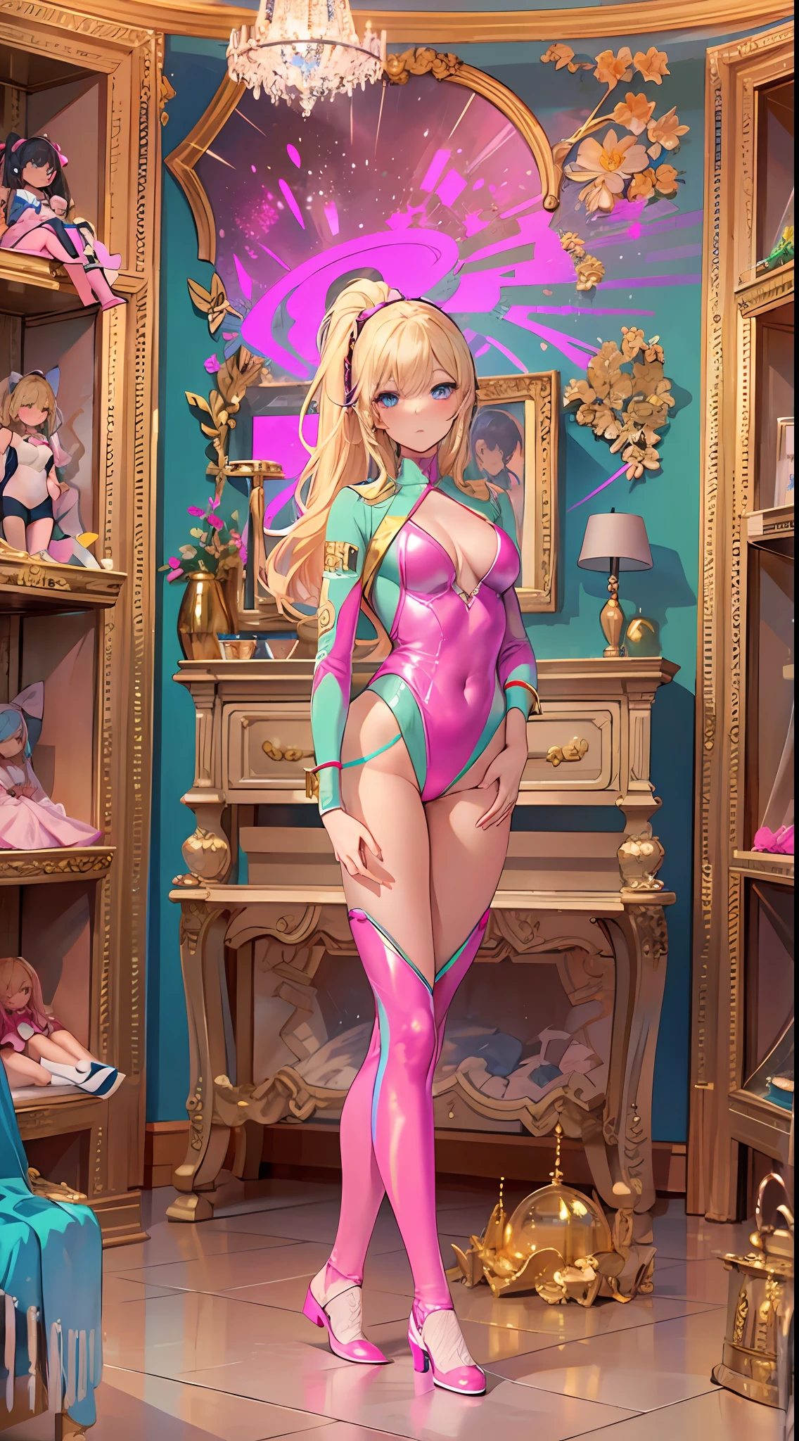 ((Masterpiece)), best quality, absurderes, ultra detailed, holographic, cowboy shot, dynamic pose, golden ratio, super cute girl, mature girl, Barbie girl, super beautiful girl with very beautiful blue eyes, beautiful glowing blonde hair, high ponytail, nice and sexy body, slim body, perfect body, wearing a super tight and pink leotard and super beautiful pink footwear, being photographed in a doll house