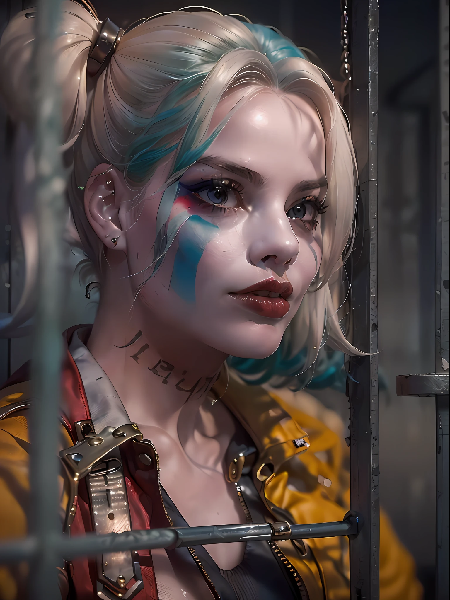 (masterpiece, high resolution, photo-realistic:1.4), (capturing Harley Quinn, portrayed by Margot Robbie, in a prison setting:1.3), (Harley poses with a provocative and defiant gaze:1.2), (the environment is adorned with cool, muted colors, reflecting the prison's somber atmosphere:1.2), (bars casting shadows across the walls:1.1), (distant sounds of clanging echoing through the halls:1.1), (Harley, in contrast, emanates vibrant and bold colors, highlighting her lively spirit:1.3), (her outfit boasting a mix of vivid reds, blues, and whites:1.2), (her makeup accentuating her playful personality:1.2), (Canon EOS R5 mirrorless camera:1.2), (paired with a Canon RF 50mm f/1.2L USM lens:1.2), (capturing every essence of her rebellious demeanor:1.2), (the composition showcasing a medium-range shot, capturing her in all her spirited glory:1.2), (a captivating portrayal of the iconic character in a prison setting:1.2).