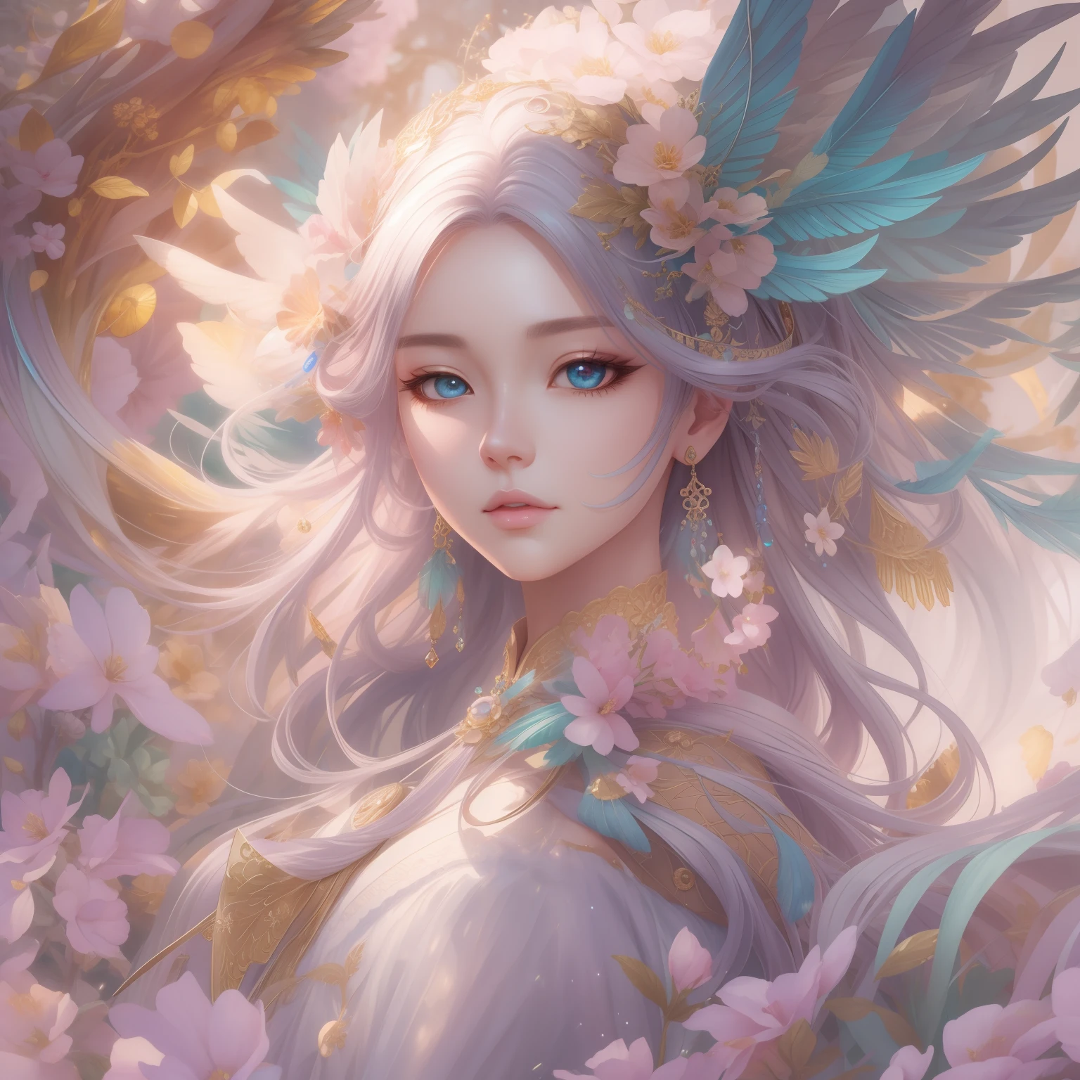creative art,  oil painting, 3d realistic anime art, fairytale watercolor,  detailed eyes, detailed metal plumage, detailed feathers,  sequins, big reflective eyes, iridescent eyes, gemstones, diamonds, big matte flowers, golden glowing, rococo, octane render, 8k, unreal engine, by Yanjun Cheng, guweiz, irelia ,  Sakimichan ,centered composition, fantasy watercolor,, fantasy, epic, perfect composition, centered, intricated pose, pastel colors