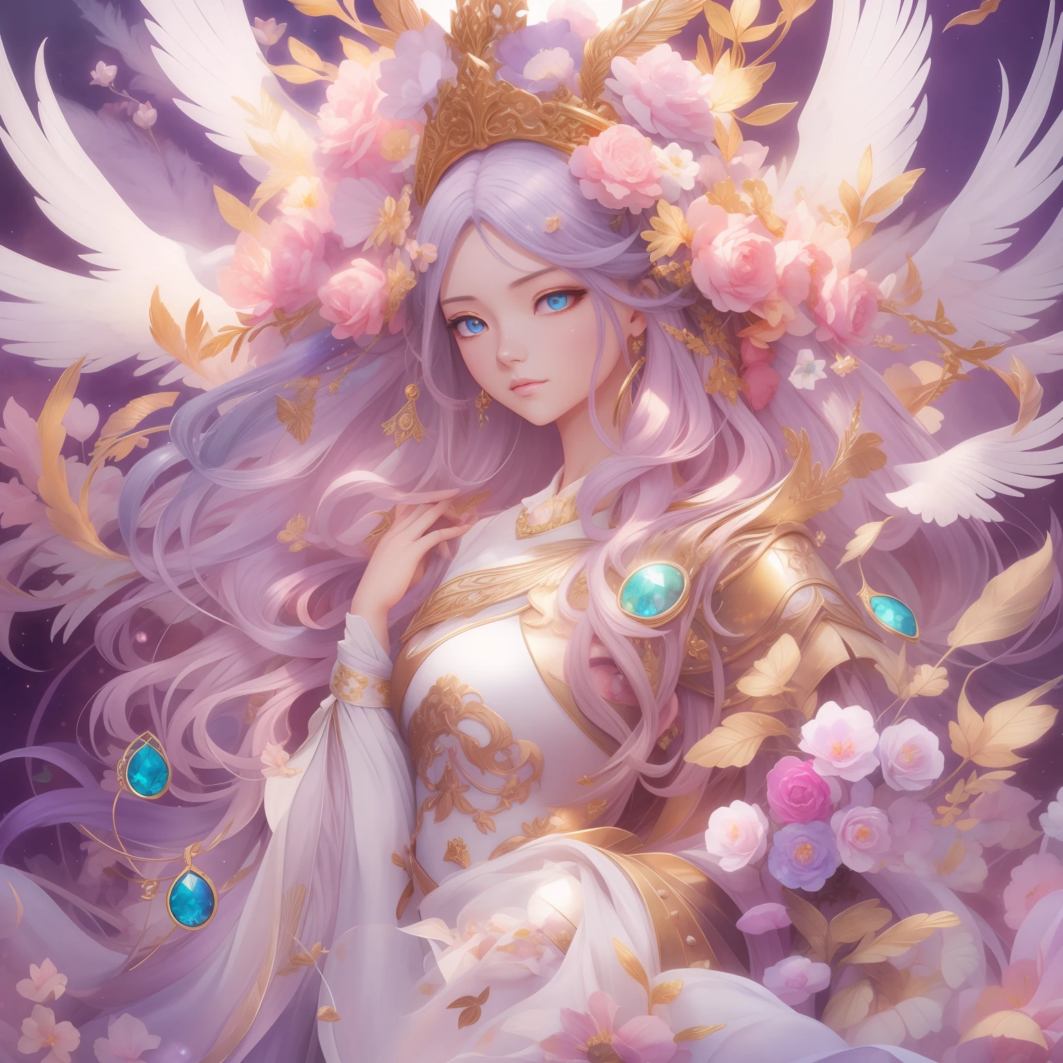 creative art,  oil painting, 3d realistic anime art, fairytale watercolor,  detailed eyes, detailed metal plumage, detailed feathers,  sequins, big reflective eyes, iridescent eyes, gemstones, diamonds, big matte flowers, golden glowing, rococo, octane render, 8k, unreal engine, by Yanjun Cheng, guweiz, irelia ,  Sakimichan ,centered composition, fantasy watercolor,, fantasy, epic, perfect composition, centered, intricated pose, pastel colors