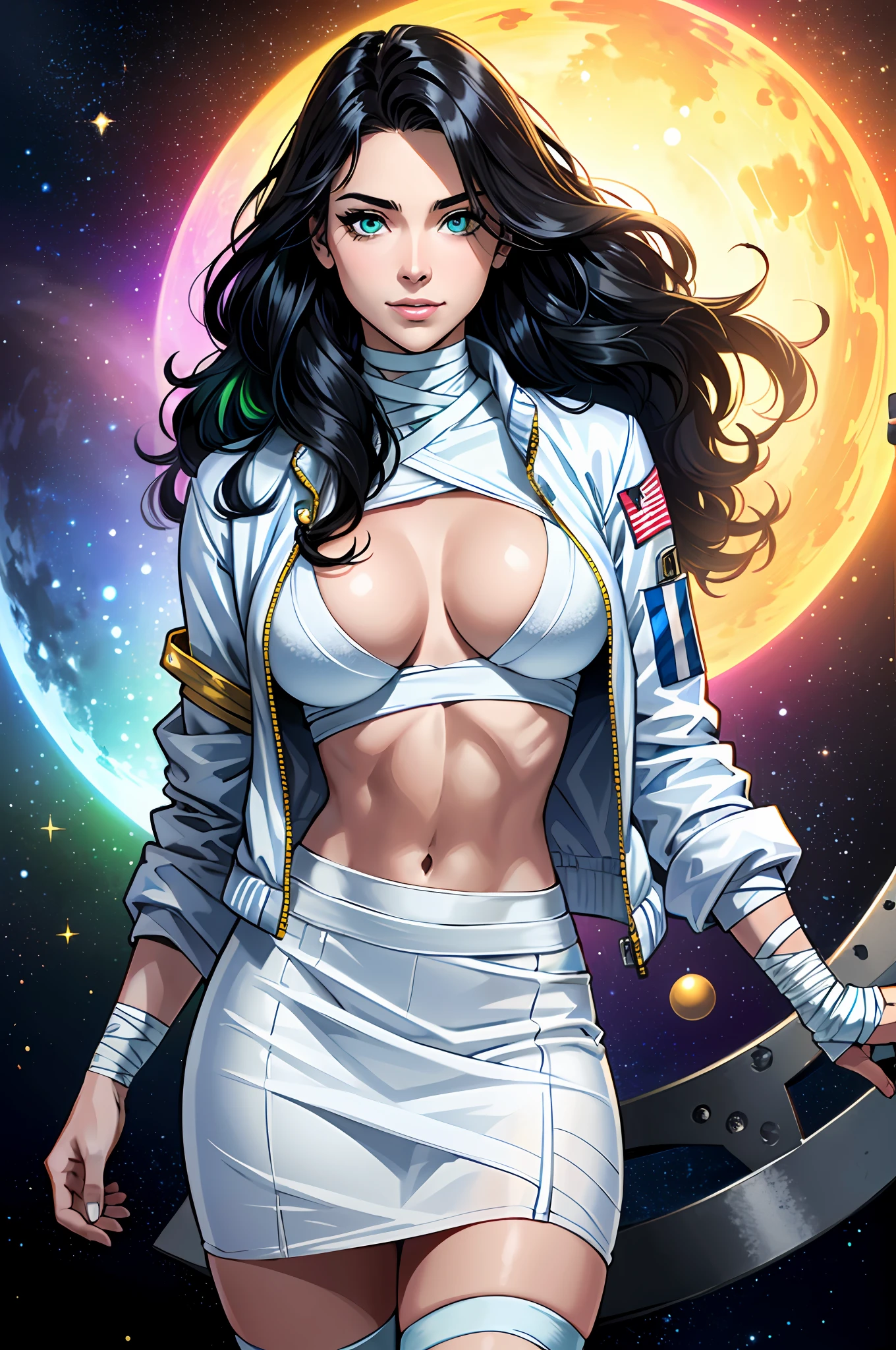 ((((A young woman))), the anime, Green eyes, (black hair), Nice face, ssmile, the perfect body, Wavy Hair, hairlong, (((morena))), big breastes, ((tmasterpiece, beste-Qualit)), illustartion, ультра детализированная 8k, Photorealistic, sharp-focus, higly detailed, Professional lighting, colorful details, Rainbow colors, Glowing, intricate detials, Vivid details, space suit, (white skirt), (blue jacket), The head is bandaged with a bandage, blood on the face, Bruised hands, hands in bandages, After the fall