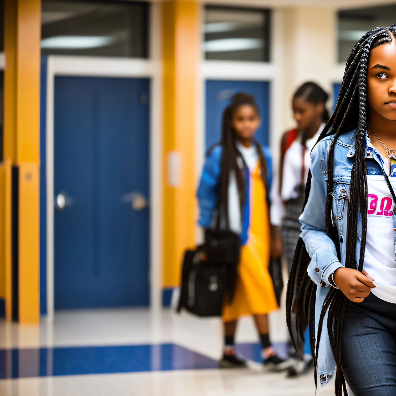 a black teenage girl in high school with box braids with a sad expression. She is standing in the middle of the hallway in focus. Students pass by in the background in a blur as she walks alone.