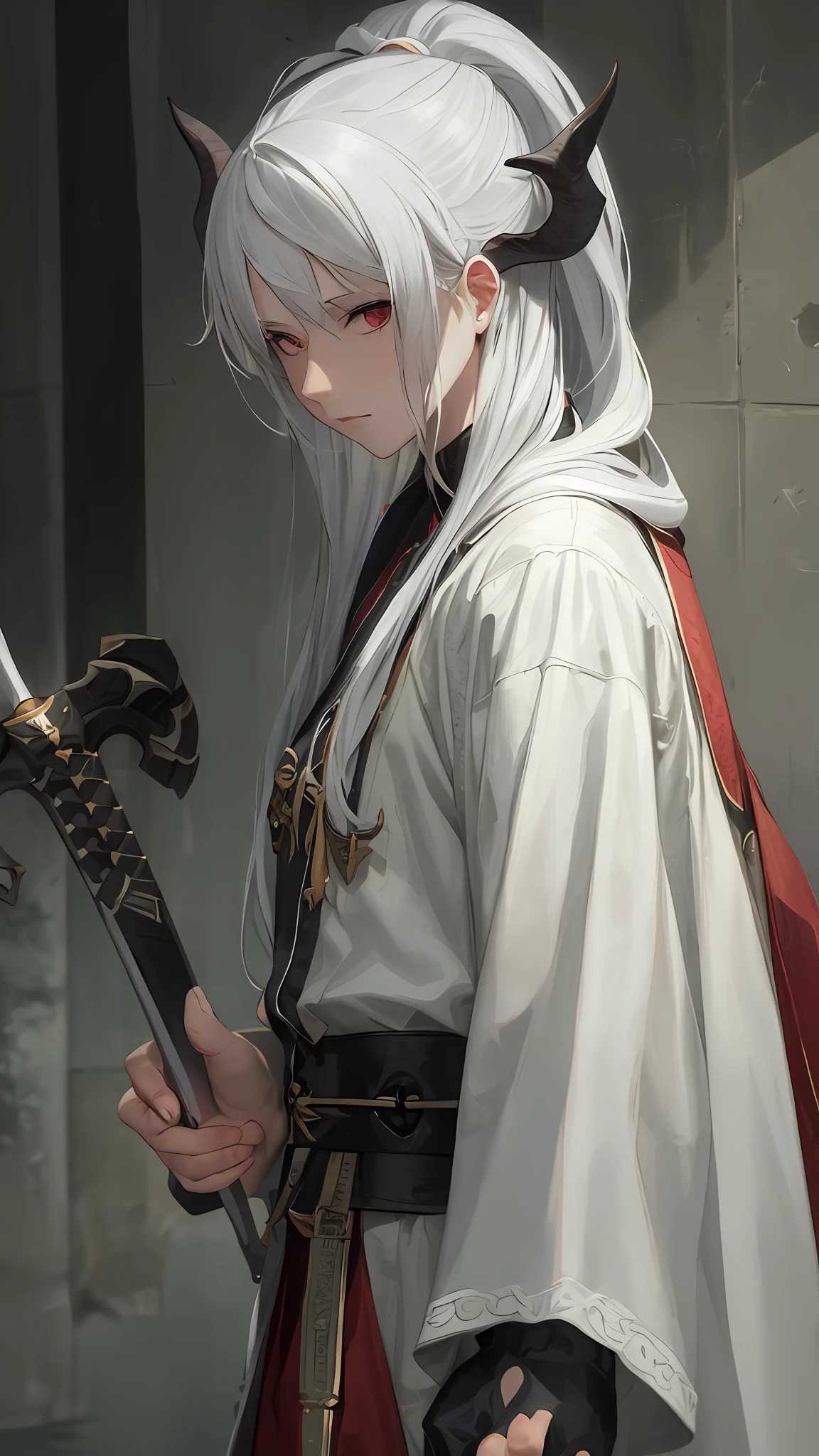 a close up of a person with a white hair and a sword，White-haired god，long  white hair，Long white hair，Guviz-style artwork，White hair，Guviz，handsome guy in demon killer art，Beautiful character painting，by Yang J，whaite hair，Guvitz on the Pixif Art Station，Anime figure，Red clothes，Red robe，Black tunic