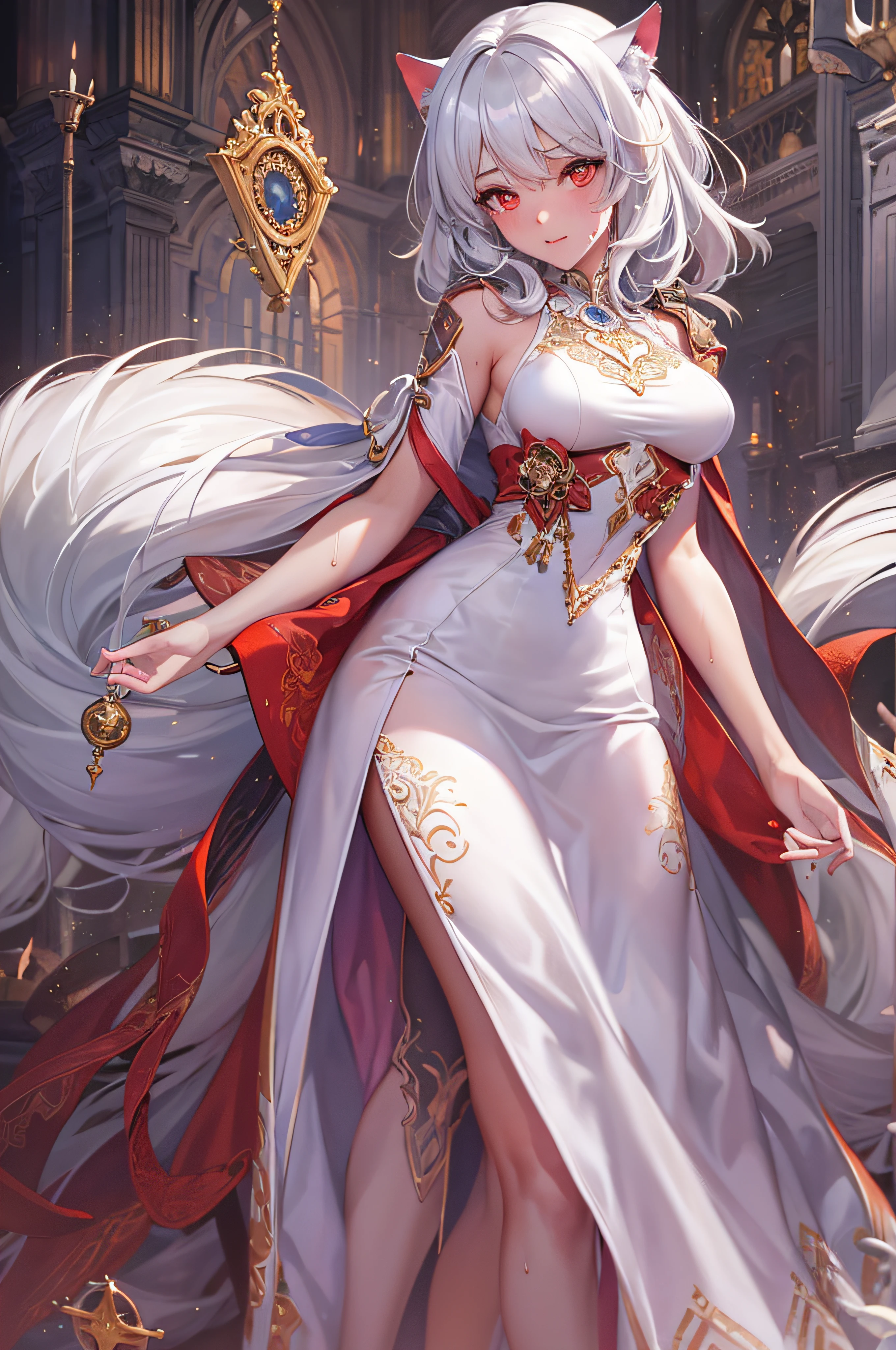 (masterpiece, top quality, best quality, official art, beautiful and aesthetic:1.2), (1girl:1.3), (fractal art:1.3),absurd, masterpiece, best quality, realistic, hyper-detailed, (shiny skin, sweaty:1.4), looking at viewer, slender, 1girl, solo, white sneakers, white miniskirt, long hair, twin tails, princess cut, white hair, red eyes, (thick thighs:0.5), dynamic lighting, high resolution, sharp focus, depth of field, medium breasts, side boob, wolf girl, animal, wolf ears, masterpiece, best quality, ultra-detailed, illustration, ultra-detailed face, best quality face, evil, 18 years old, adult, 1girl, 18 years old, white hair, alchemy outfit, intricate detailed outfit, sexy pose, glowing red dress, cute, kawaii, digital art, finely detailed eyes, blushing, red cheeks