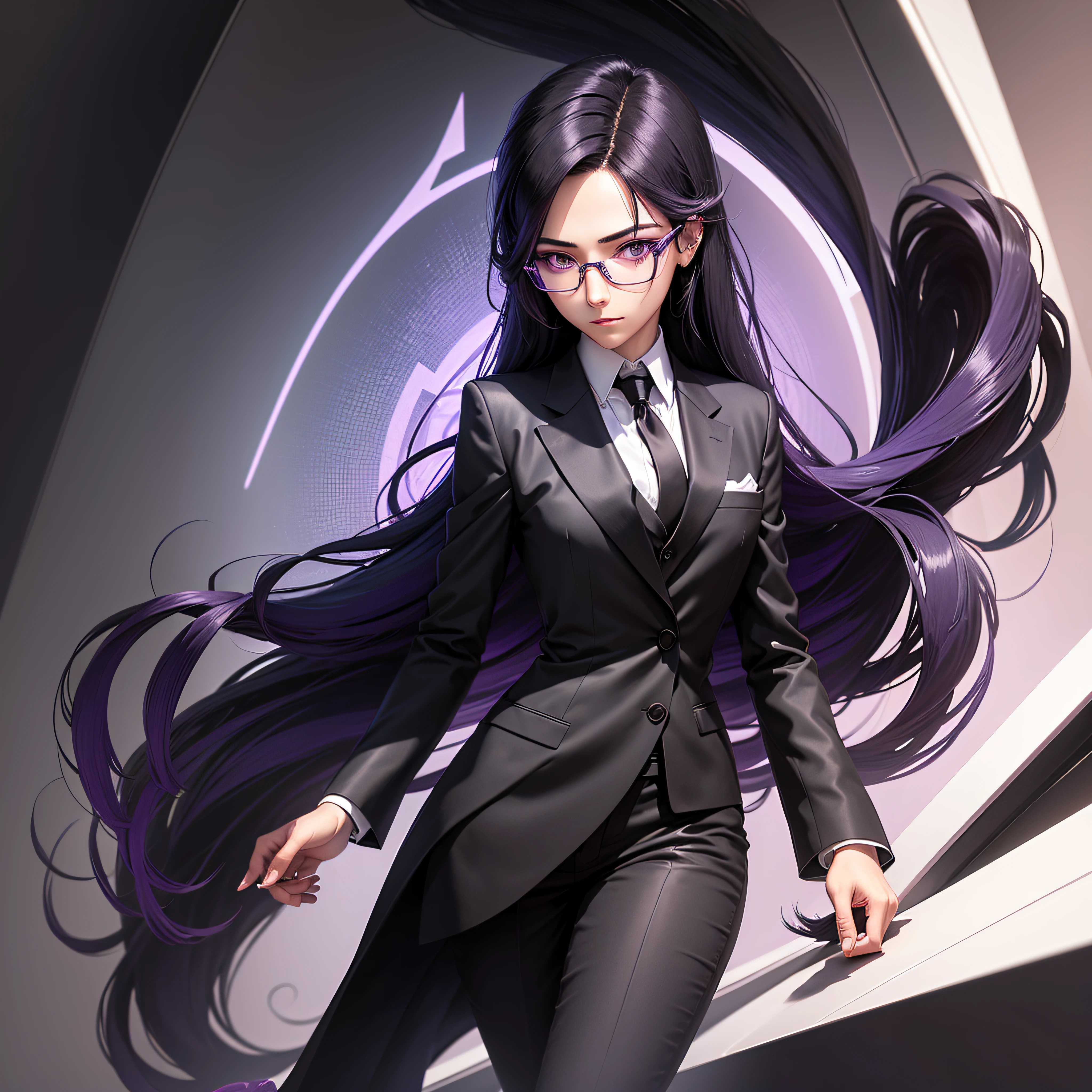 An androgynous figure with long black hair, purple eyes and glasses, wearing a suit, anime art style, no breasts