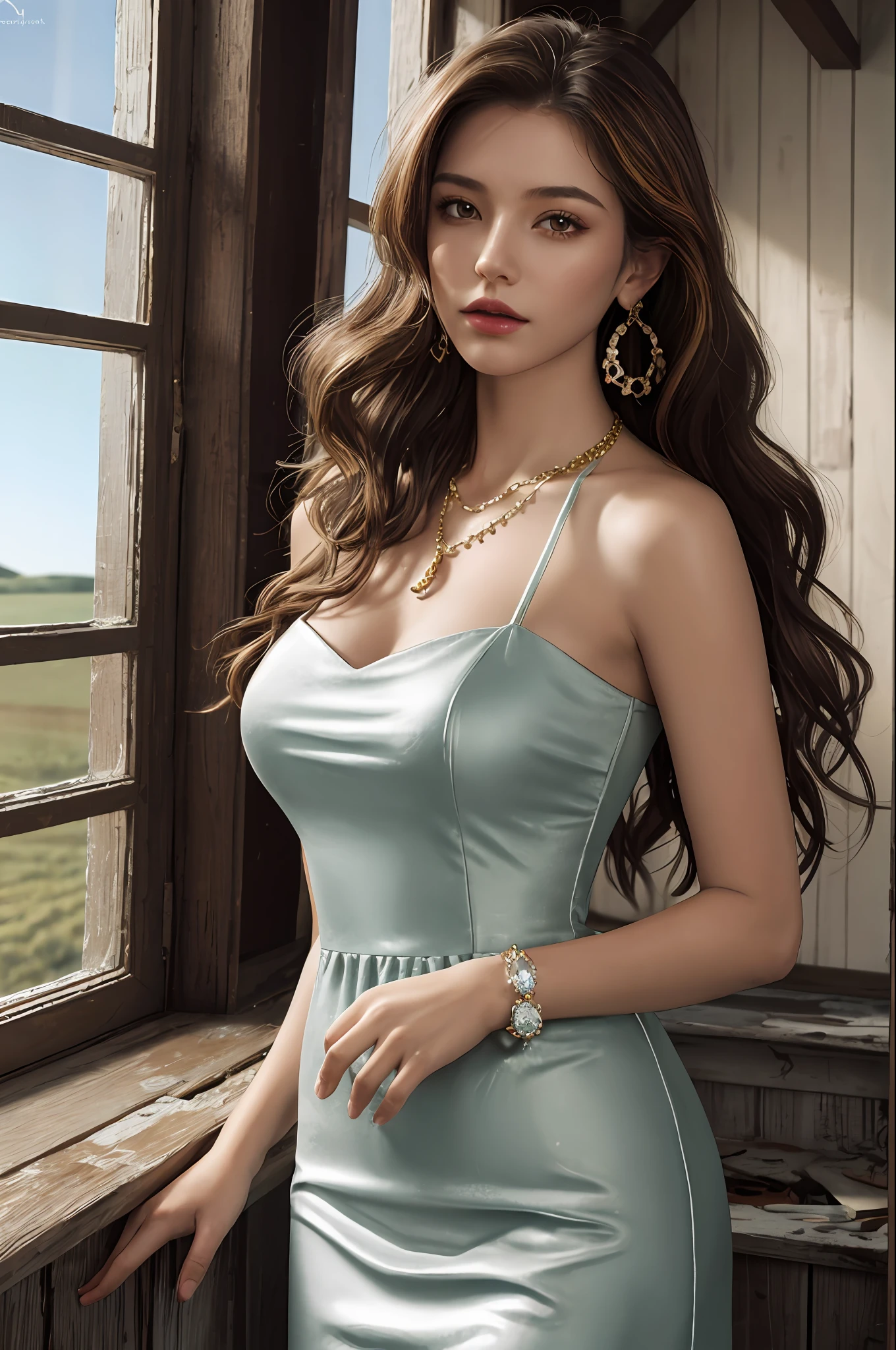 Best quality, masterpiece, photorealistic:1.27, ultra high res, 8K raw photo, 1girl, dress, solo, long hair, brown hair, wavy hair, colorfull dress, bare shoulders, luxury indoors shot, window lighting, abandoned barn, standing, dynamic pose, jewelry, earrings, necklace, head tilt, looking at viewer, detailed texture, rim lightning, cowboy shot
