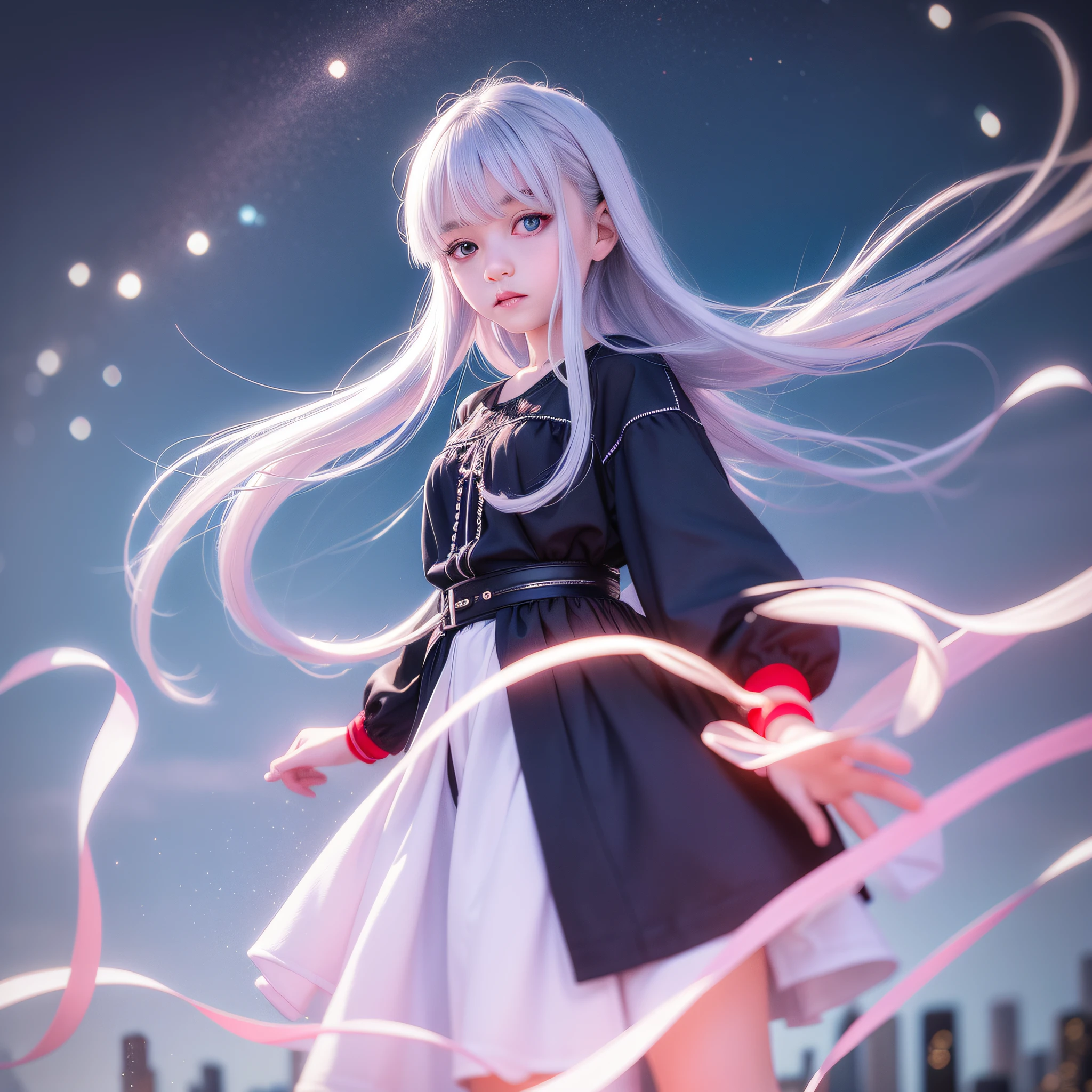 Beautiful white girl 8 year old child, with straight light blue hair long to the waist, com grandes olhos azuis bem juntos horizontalmente ao nariz,fofa,com bochechas rosadas, com jaqueta preta com simbolo do bitcoin dourado,blusa preta,de batom vermelho,lente 55 mm abertura f/1.5,with blurred background of an urban city at night full of illuminated buildings, and poles with blue and red lighting