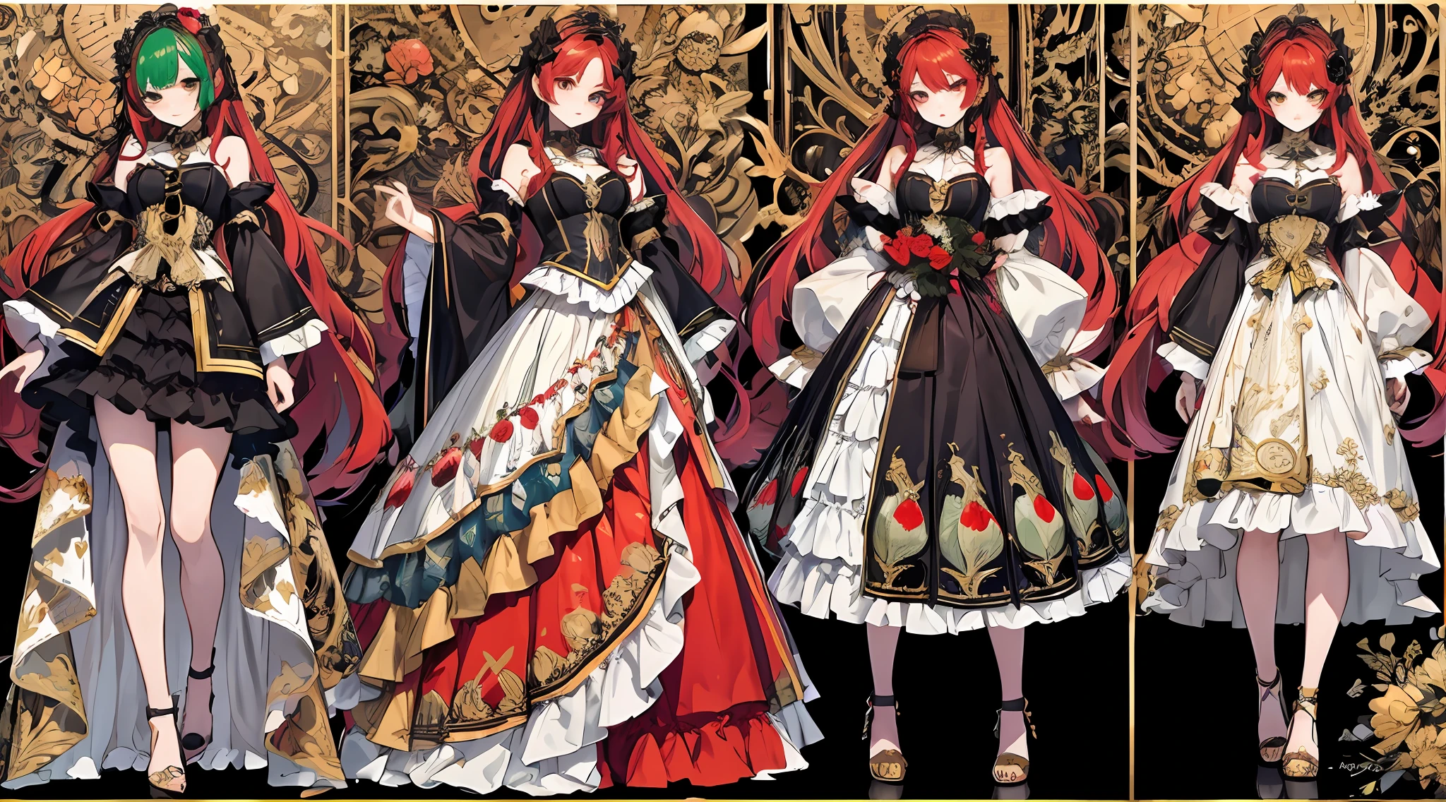 clothing design,character design,Character design,full bodyesbian,frontage,Lateral face,on back,Set,ta prostitute,Very gorgeous,Maximalism,extreme hight detail,RococoStyle,Super long hair,Complex accessories,Complex hairstyles,Strawberry theme,dark red color,green color,strawberry hair ornament,Strawberry-shaped gemstone,Skirts of various materials,Different fabrics,Different brightness and saturation