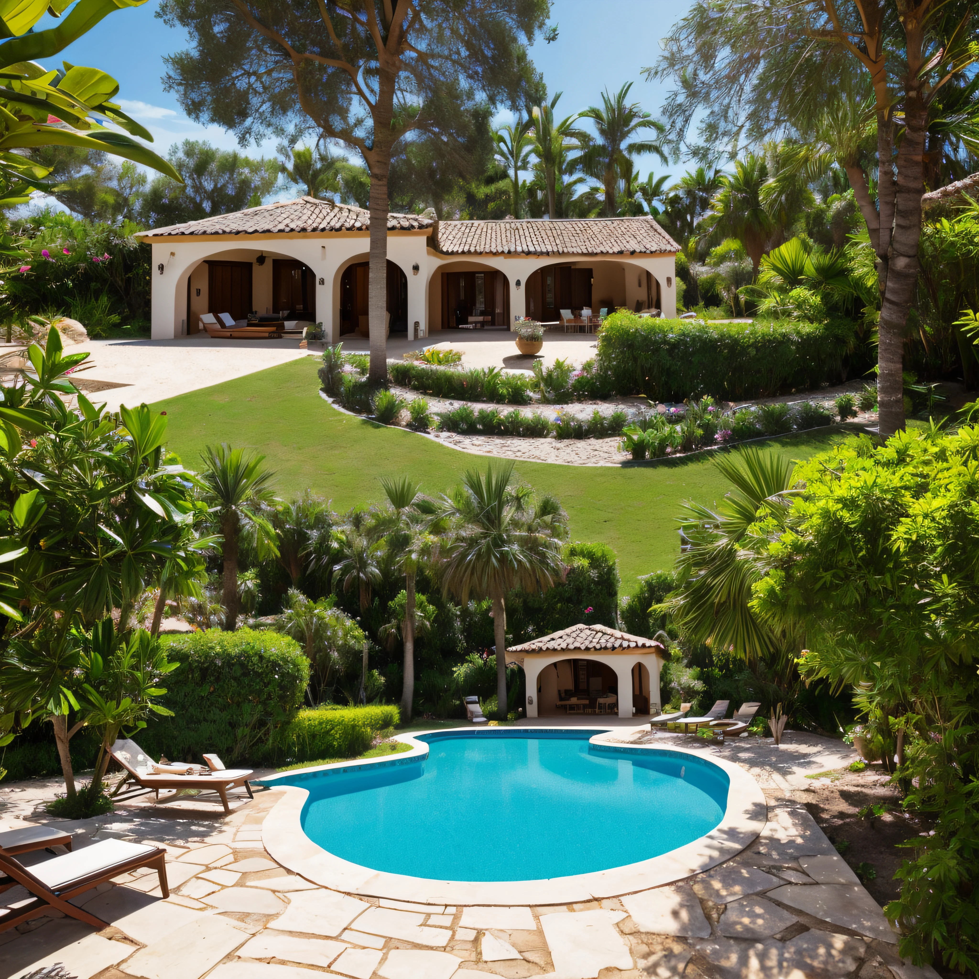 ((Mejor calidad)), The pool and garden area is an oasis of beauty and fun, donde se puede disfrutar del sol, el agua y la naturaleza. La alberca es grande y refrescante, con un borde infinito que se funde con el horizonte. Tiene una forma irregular, con curvas y recovecos que le dan un aspecto natural. En el centro, hay una isla con una palmera y una hamaca, donde se puede descansar y relajarse. Alrededor de la alberca, hay varias tumbonas, sombrillas y mesas, donde se puede tomar una bebida o un aperitivo. There is also a jacuzzi area, con chorros de agua y luces de colores, donde se puede disfrutar de un masaje. Los jardines son exuberantes y coloridos, con flores, plants and trees of different species. Hay un camino de piedra que recorre los jardines, invitando a explorarlos y admirarlos. En algunos puntos, hay fuentes, estatuas y bancos, that create a romantic and peaceful atmosphere. There is also a greenhouse, where organic fruits and vegetables are grown, que se pueden degustar en la cocina. The pool and gardens area is a magical and charming space, where you can live a unique and unforgettable experience.