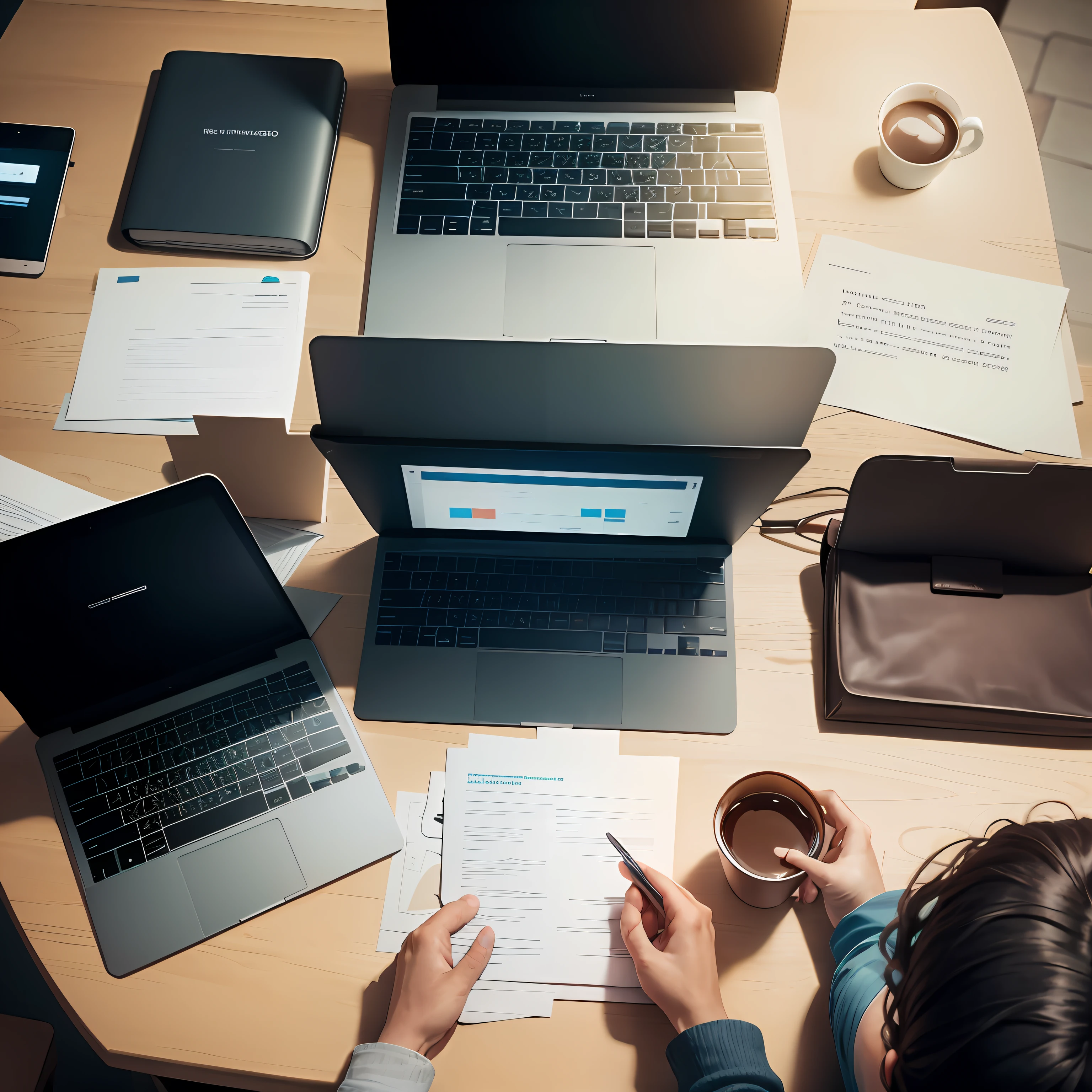 imagem: Top View com duas pessoas, an office desk with papers and laptops, Don't show people's faces, The images projected on Leptops screens are of financial charts and graphs, Artigos sobre a mesa, a mobile phone, two cups of coffee, imagem de alta qualidade, fundo azul  tiffany, Grande, profissional, projetado profissionalmente, onde um Grande, em um fundo claro, Lutando, fundo interessante