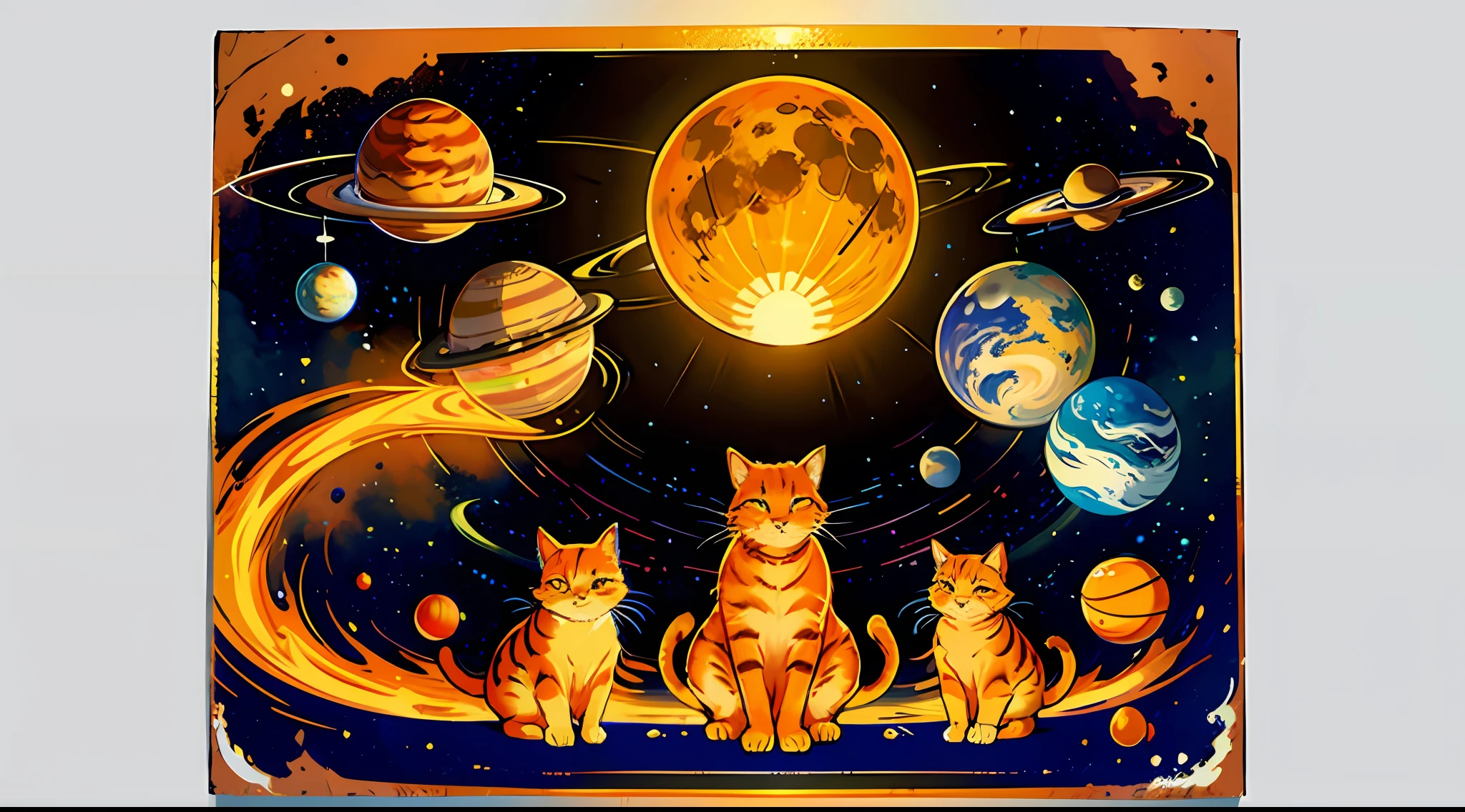 A graphic illustration of a simple depiction of the solar system with a (glowing orange cat representing the sun), the planets are stylized yarn balls, 8k, 16k