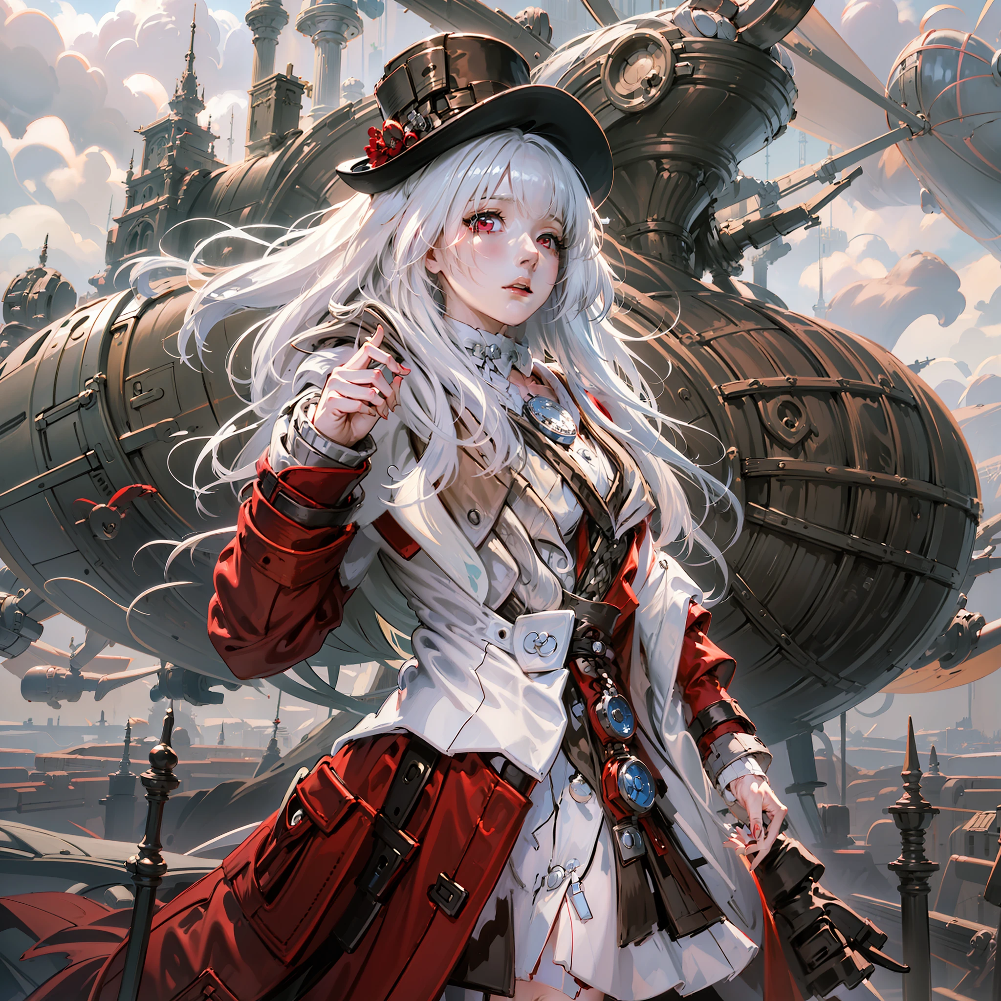 one-girl,White color hair,Red eyes,Bare legged,long whitr hair,Red coat, steampunc,airships,Skysky