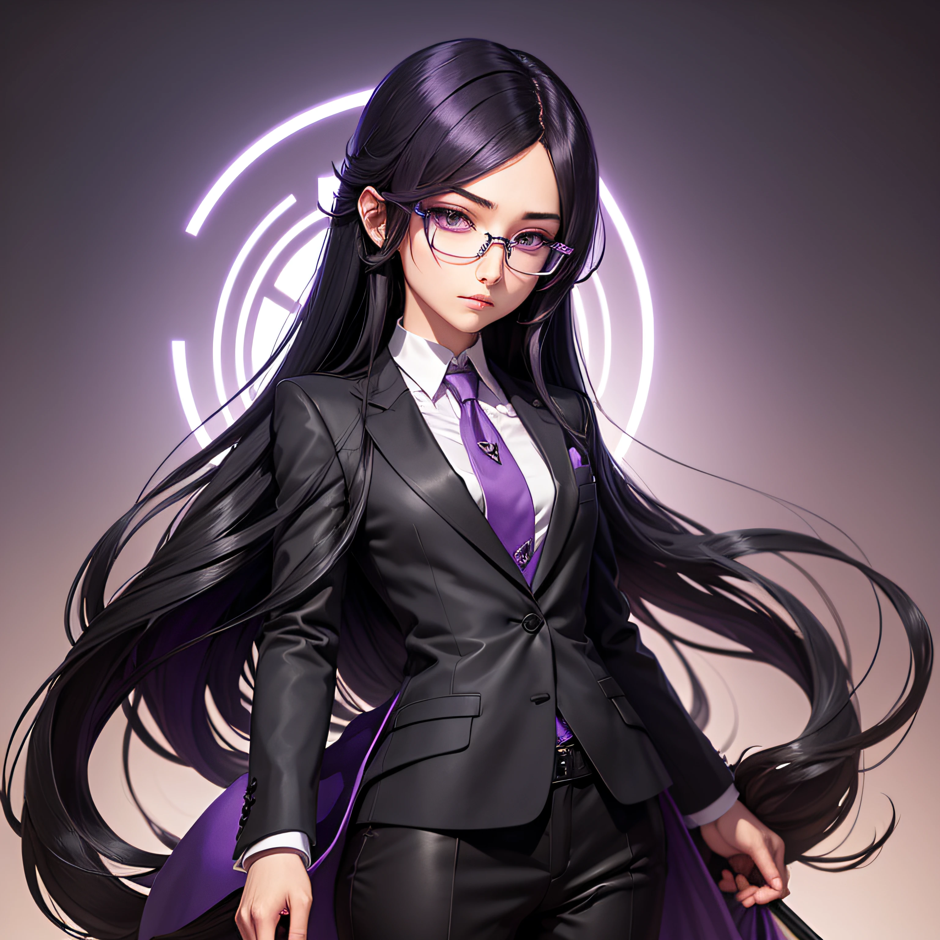 An androgynous figure with long black hair, purple eyes and glasses, wearing a suit, anime art style, flat breasts