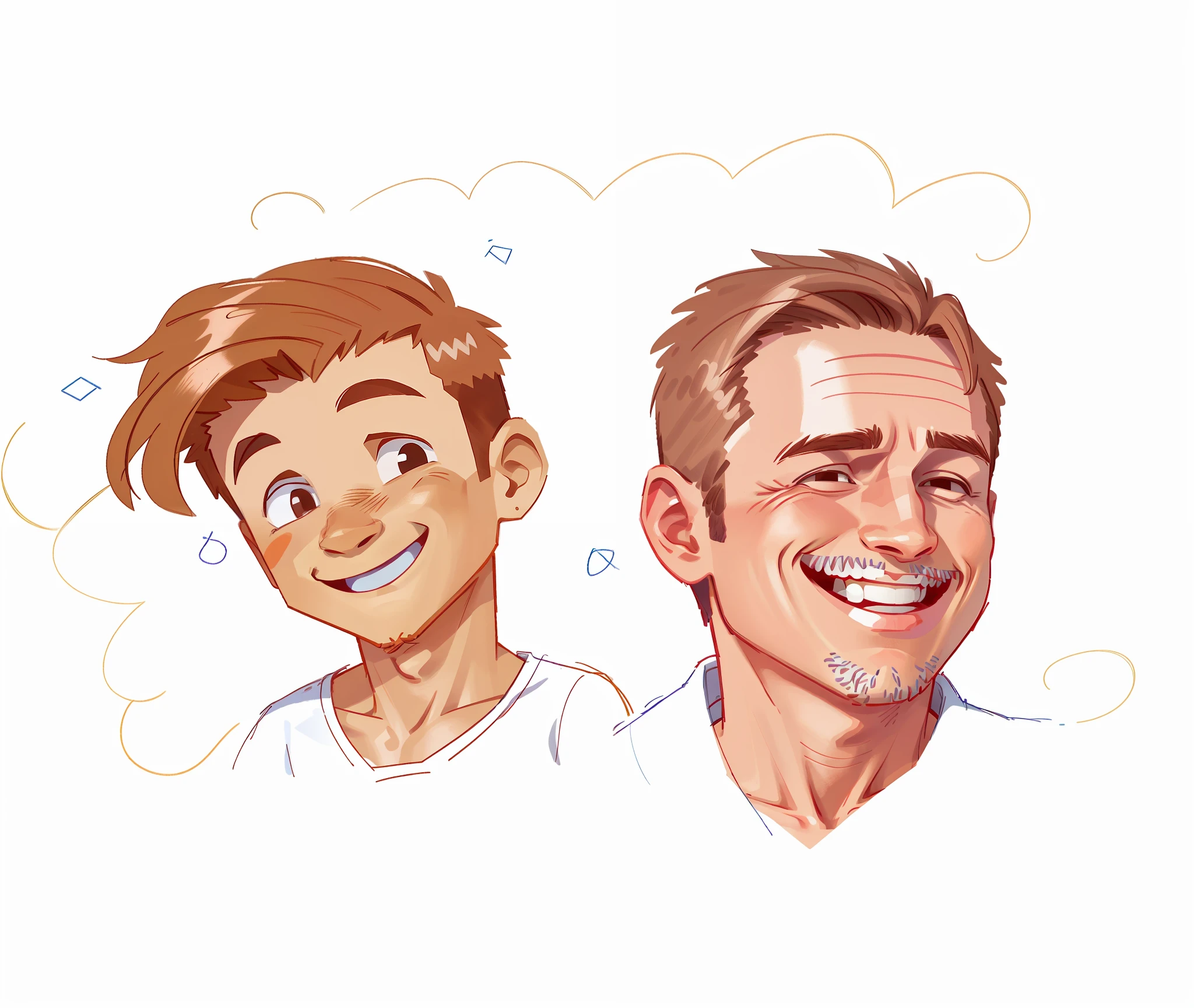 There are two men who are smiling and one is wearing a white shirt, , arte dos desenhos animados, rostos realistas detalhados, , in illustration style digital, rostos detalhados e realistas, caracteres detalhados,