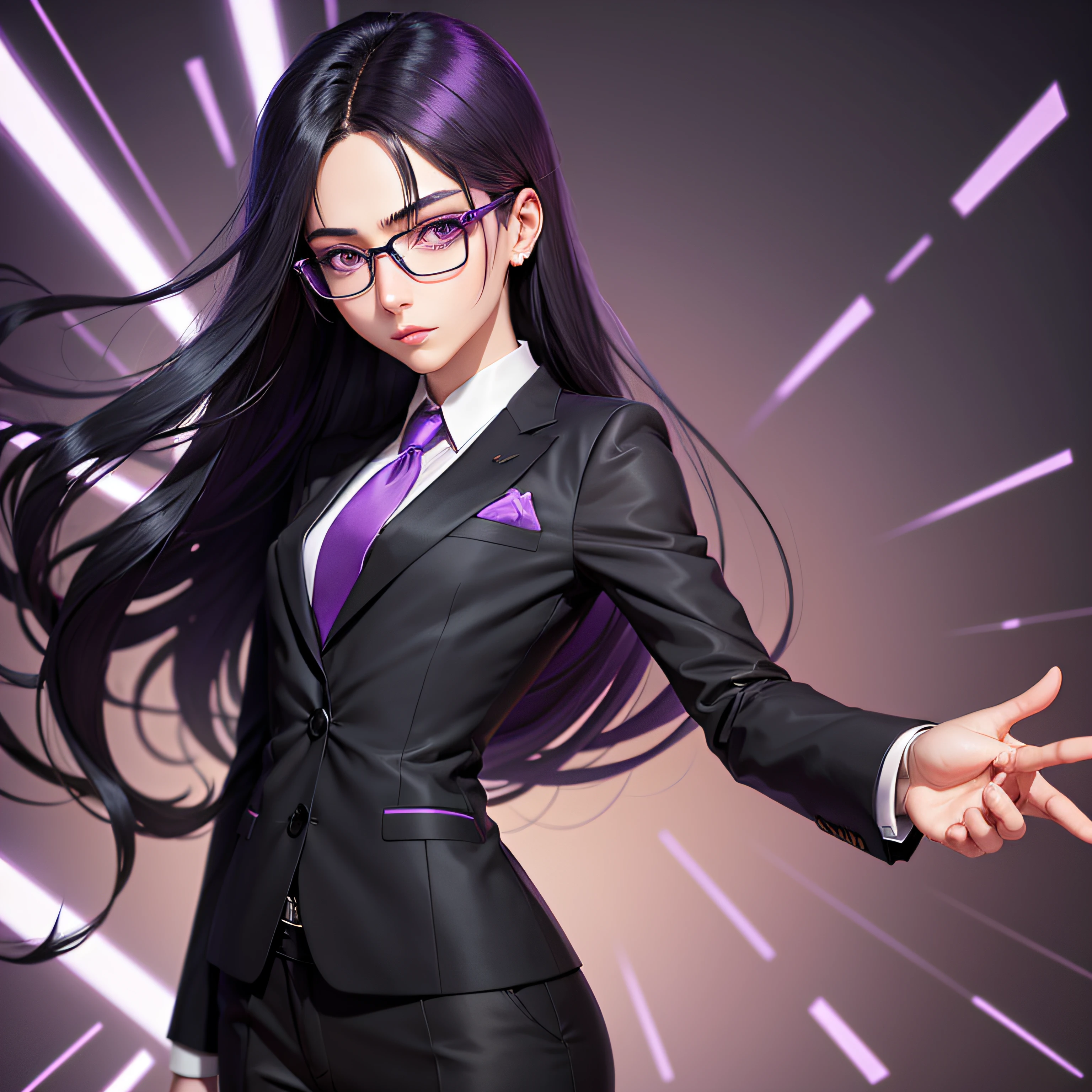 An androgynous figure with long black hair, purple eyes and glasses, wearing a suit, anime art style --auto