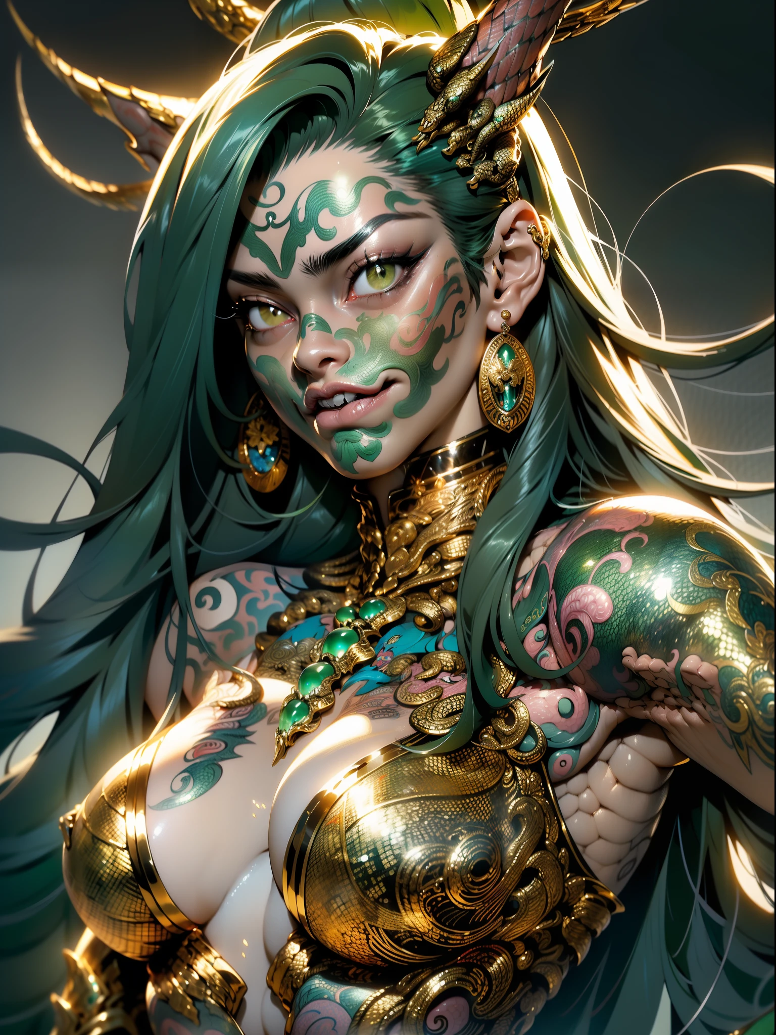 ((( melhor qualidade ))), ((( obra prima ))), ((( Absurdo ))), ((( corpo inteiro))), ((( de costas ))), muscular woman and beautiful warrior Barbara with long metal claws, Clothes based on Chinese dragons, Conan or barbarian style, estilo Simon Bisley para uma capa da revista Heavy Metal, (( Tiny dental floss made of metallic scales )), (( large breasts semi covered by metallic scales)), decote generoso, metal claws, fantastical setting, ((( corpo inteiro ))), ((( flowing green hair ))), (((corpo inteiro))), tattoos covering the arms